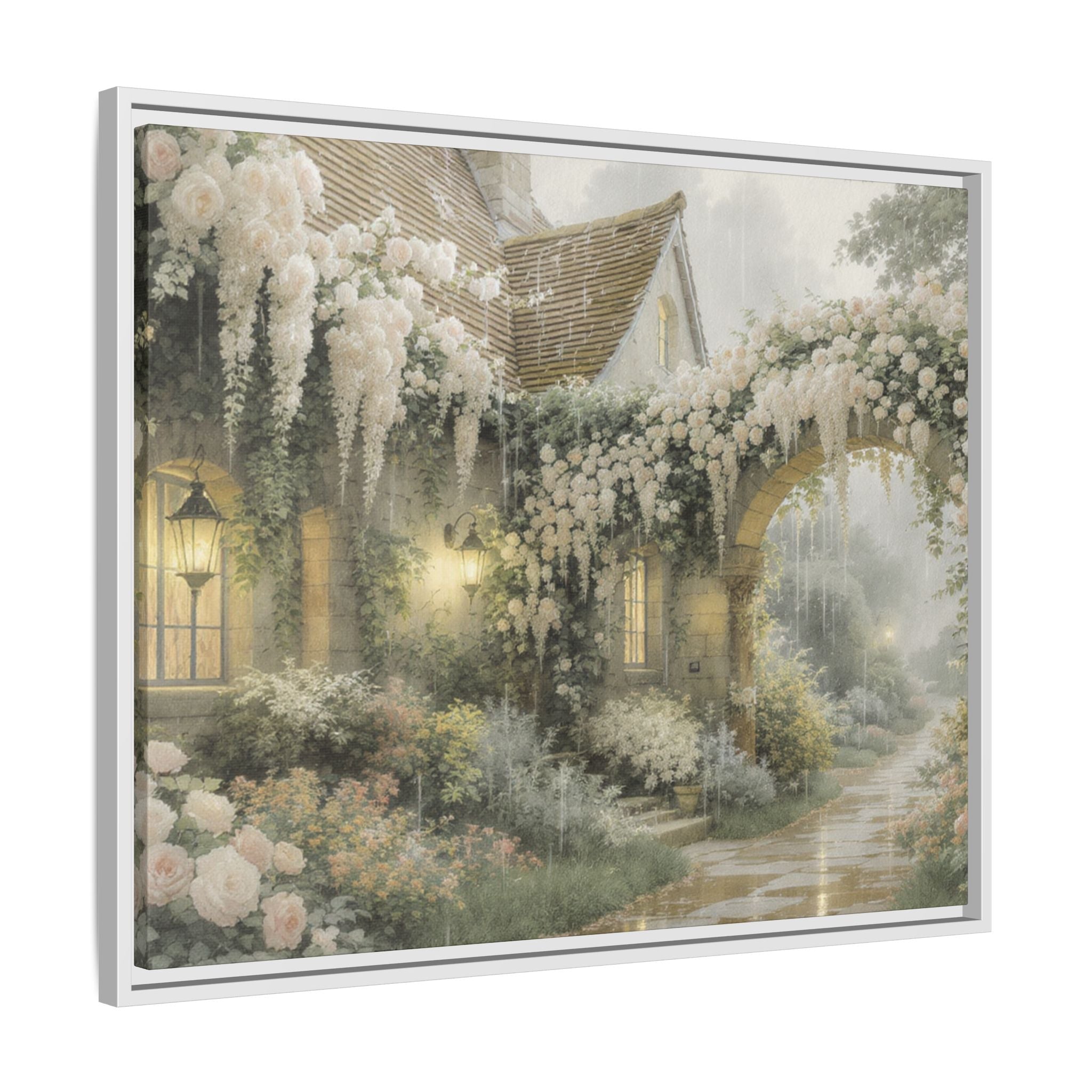 Framed Matte Canvas Print – Cottage Garden Pathway in Soft Floral Hues