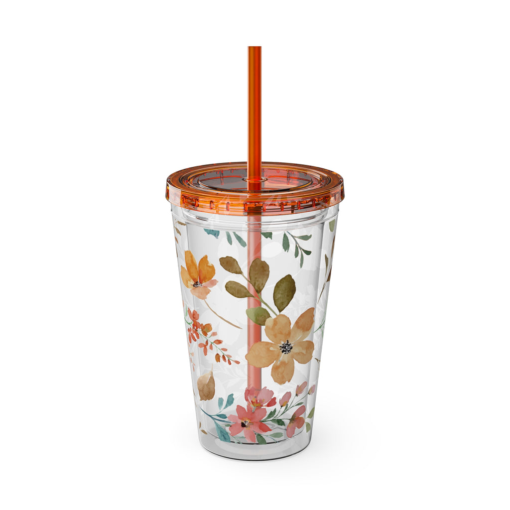 Floral Sunsplash 16oz Tumbler with Straw — Watercolor Wildflower Drink Cup