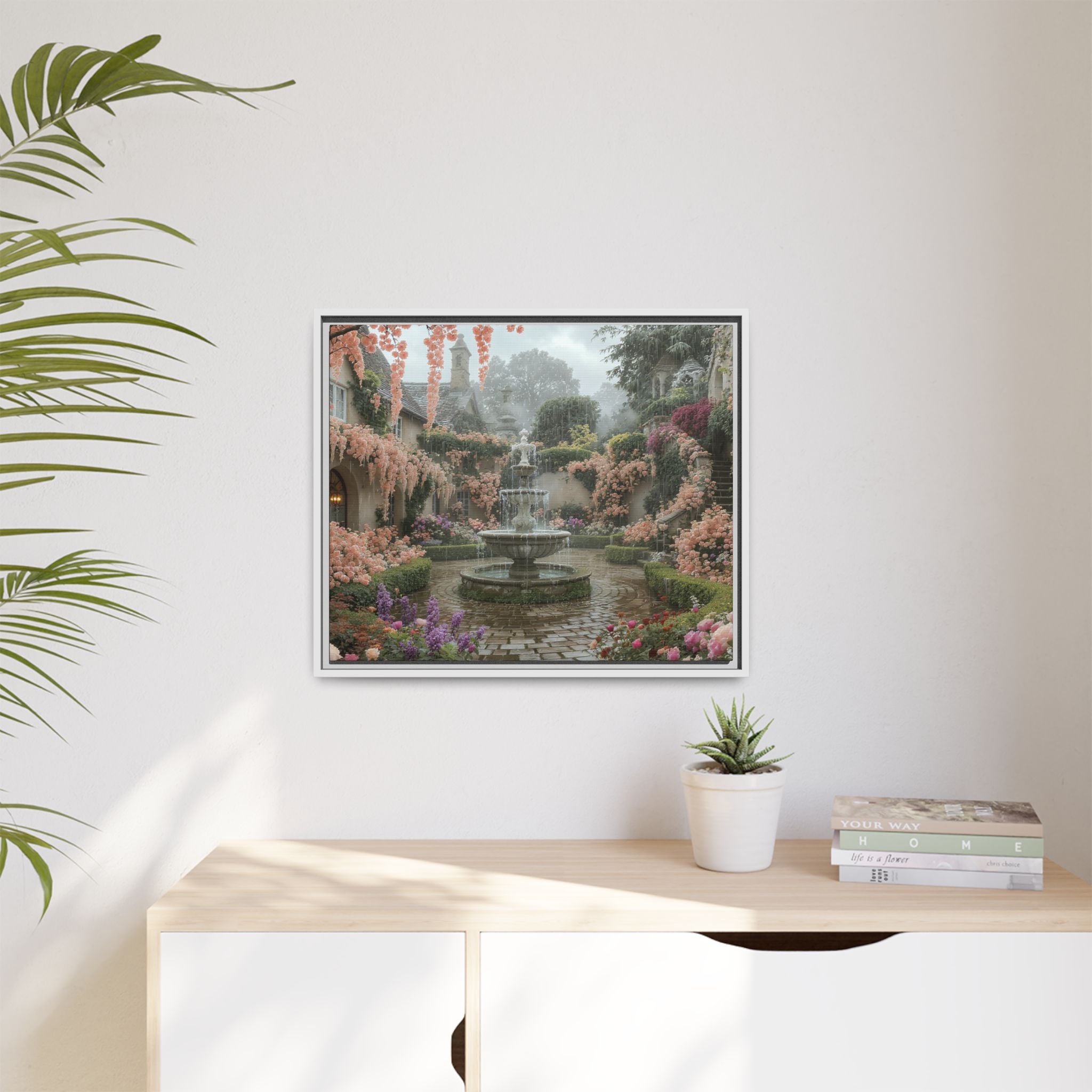 Mediterranean Garden Fountain Canvas — Framed Matte Wall Art