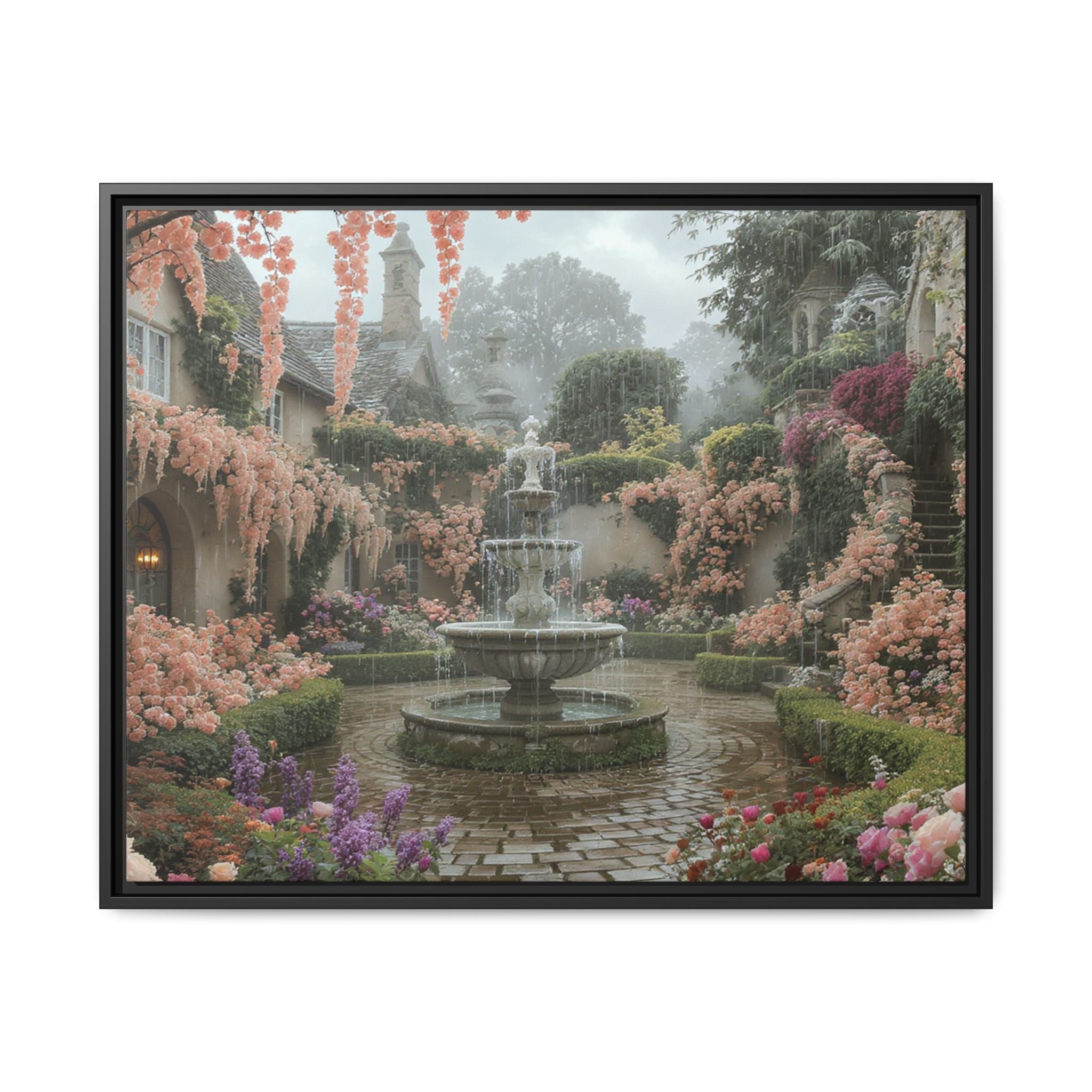 Mediterranean Garden Fountain Canvas — Framed Matte Wall Art