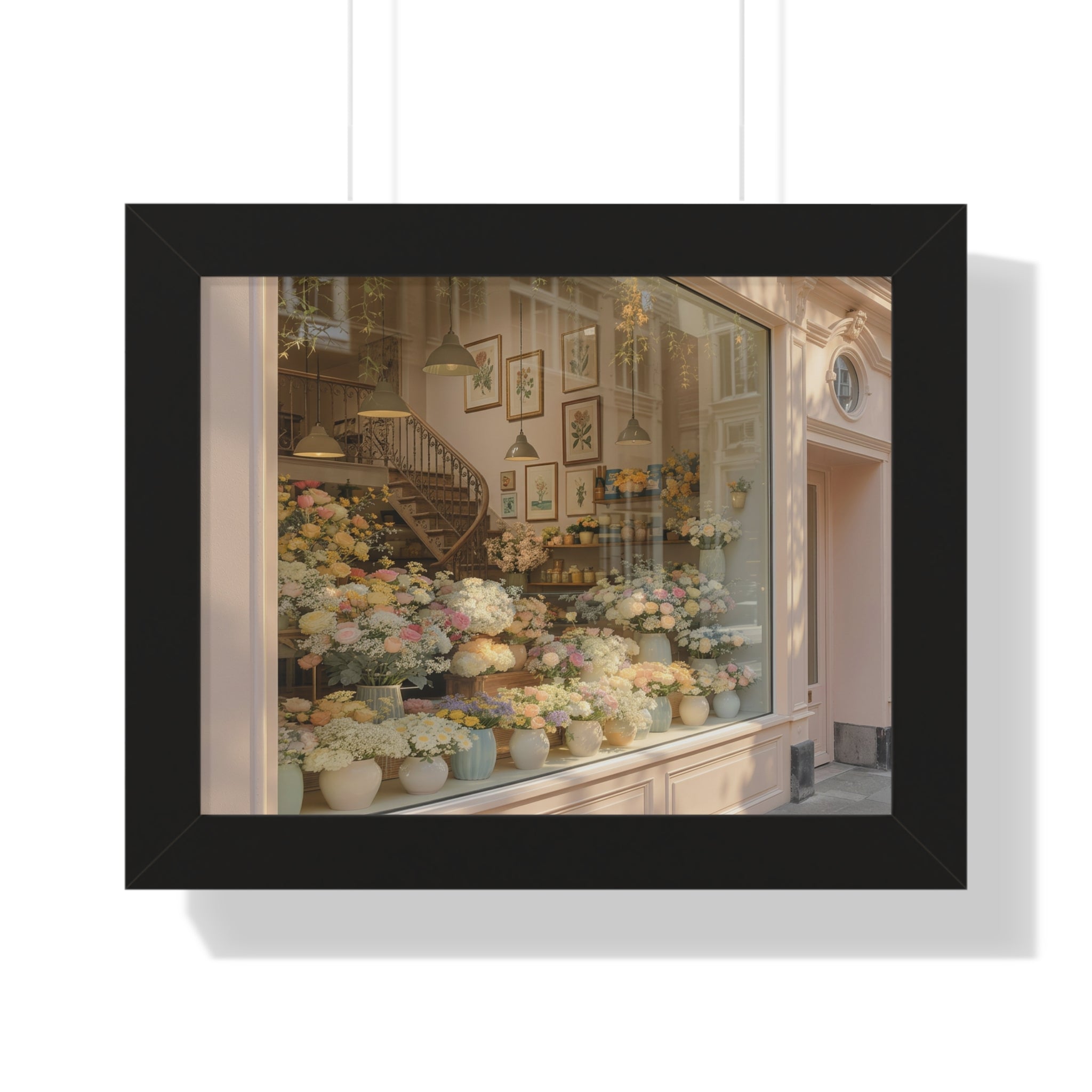 “Golden Hour Flower Boutique” Framed Poster: Pastel Flower Shop Wall Art | Soft Boutique Street Photography Print | Cozy European Aesthetic Decor