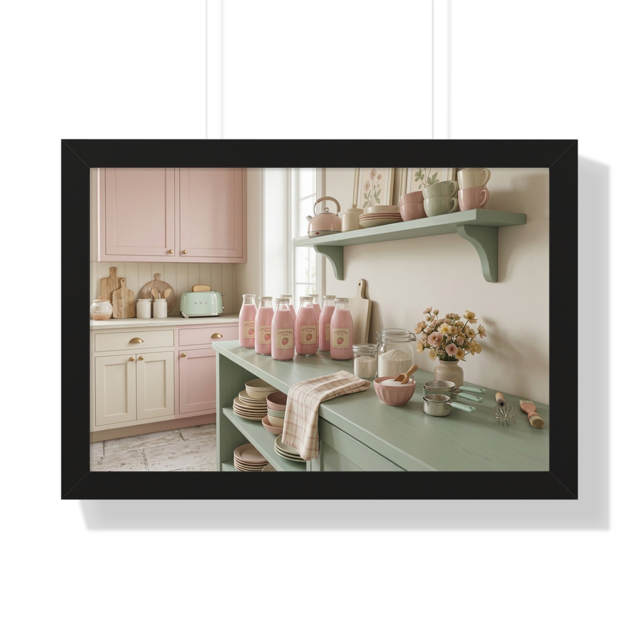 “Strawberry Milk Kitchen Aesthetic” Framed Poster: Pastel Kitchen Wall Art | Strawberry Milk Aesthetic Still Life Print | Soft Retro Home Decor