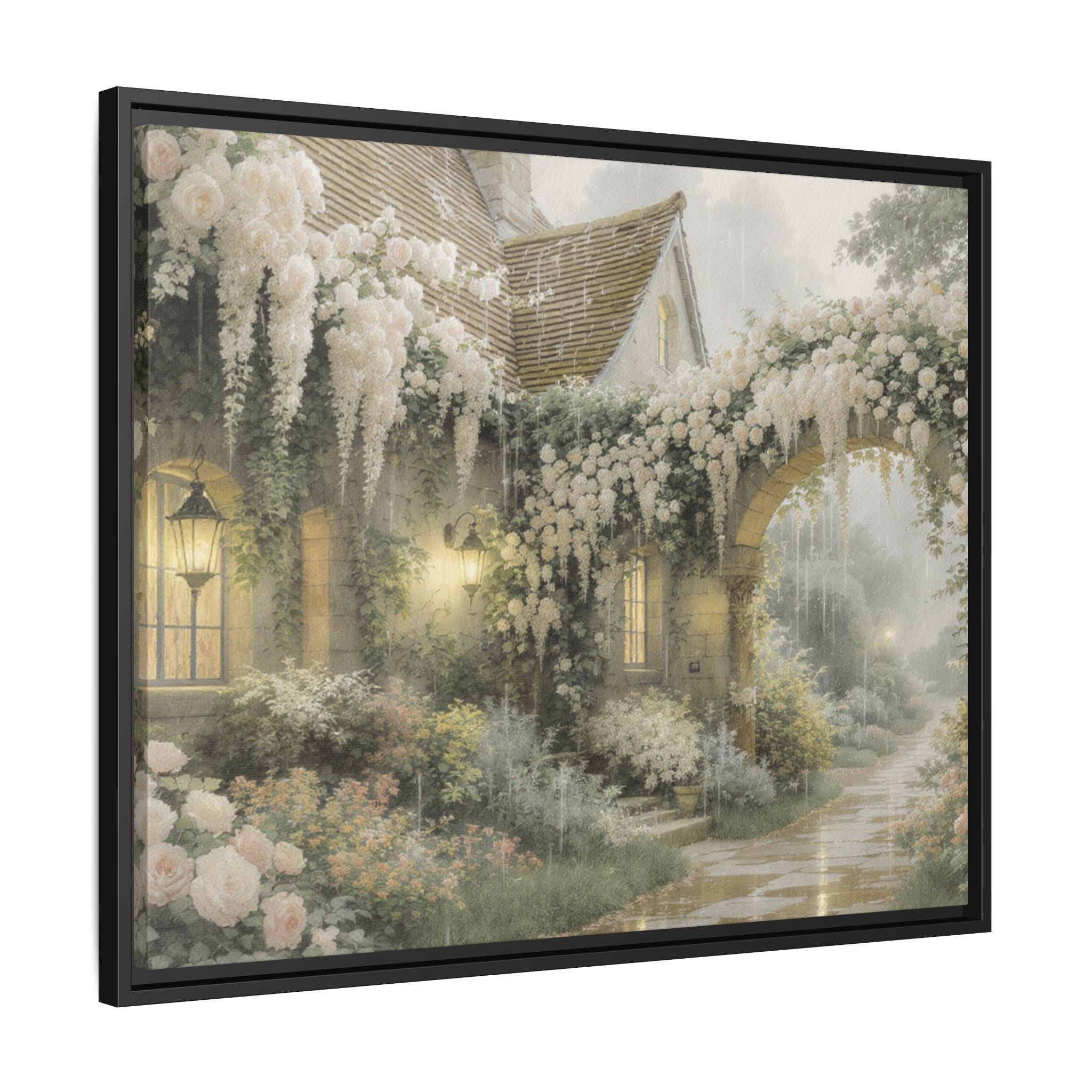 Framed Matte Canvas Print – Cottage Garden Pathway in Soft Floral Hues