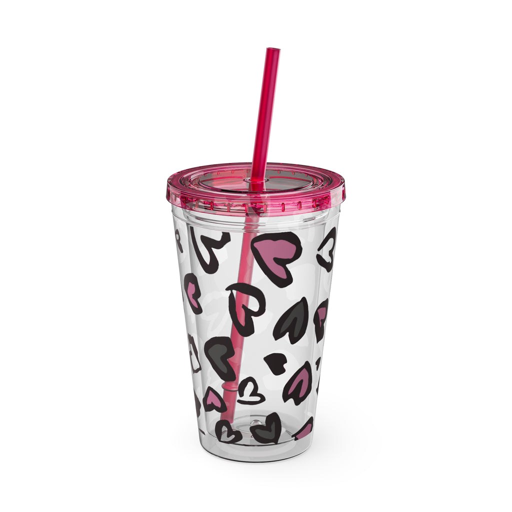 Heart Leopard 16oz Tumbler with Straw — Pink & Black Animal Print Cold Cup