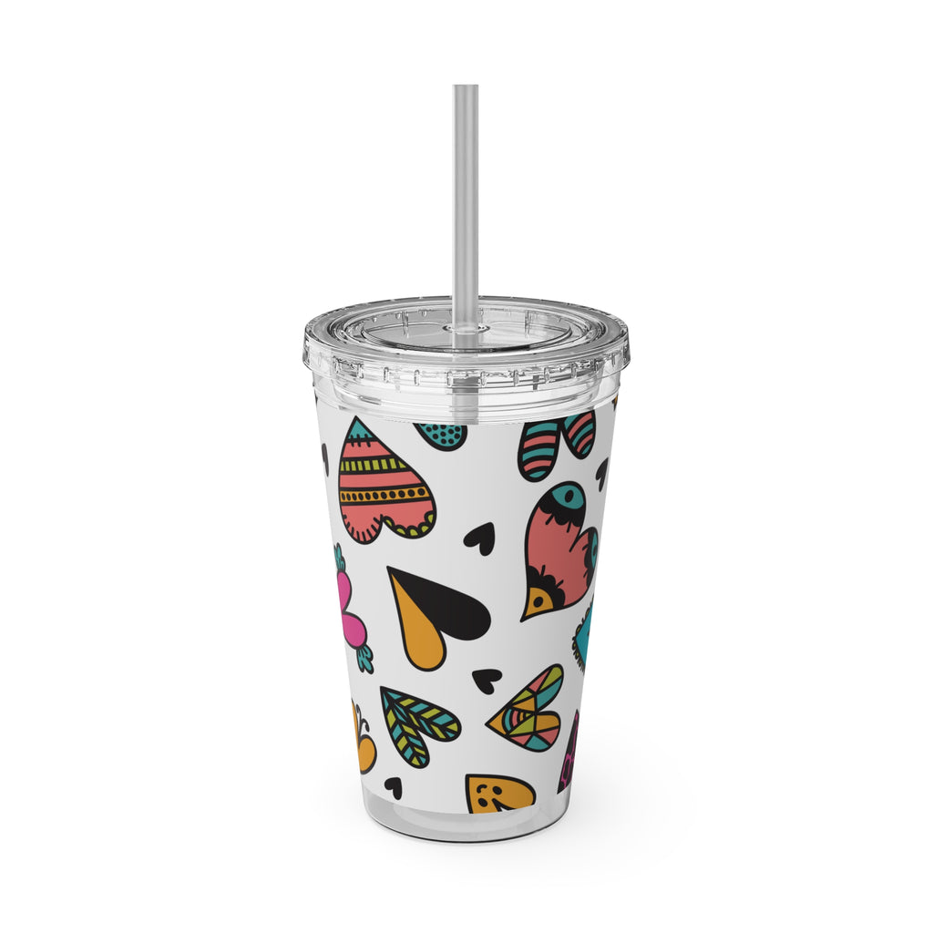 16oz Heart Pattern Tumbler with Straw — Colorful Doodle Hearts Travel Cup