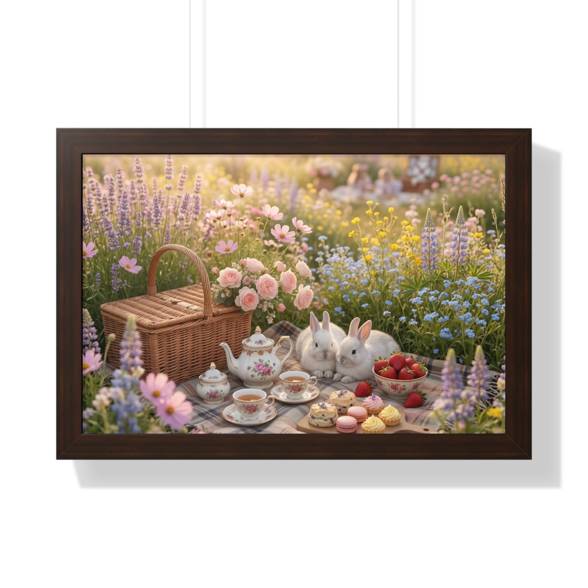 “Golden Meadow Picnic” Framed Poster: Pastel Meadow Picnic Wall Art | Soft Nature Bunny Aesthetic Print | Dreamy Cottagecore Deco