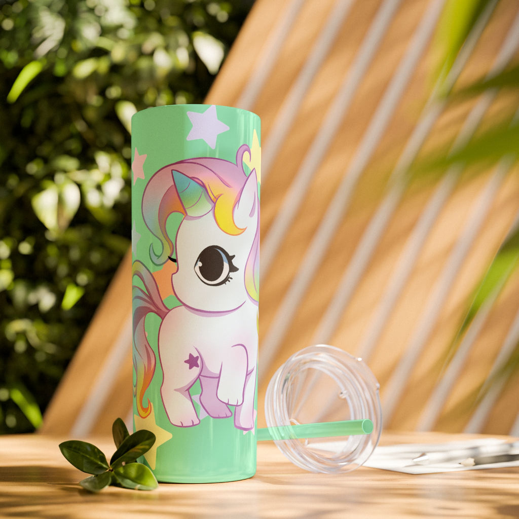 Unicorn Skinny Tumbler 20oz — Cute Pastel Rainbow Unicorn with Straw