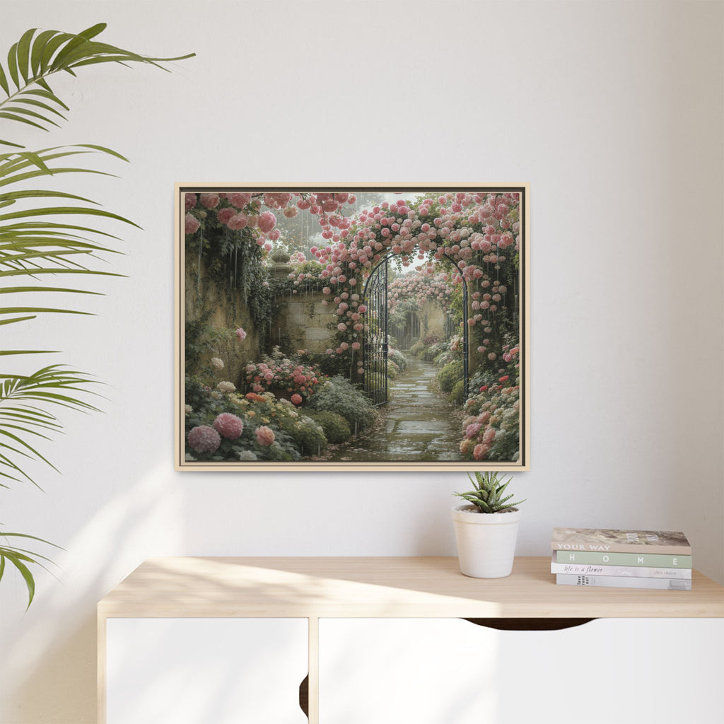 Framed Canvas Print – Secret Garden Archway Floral Landscape