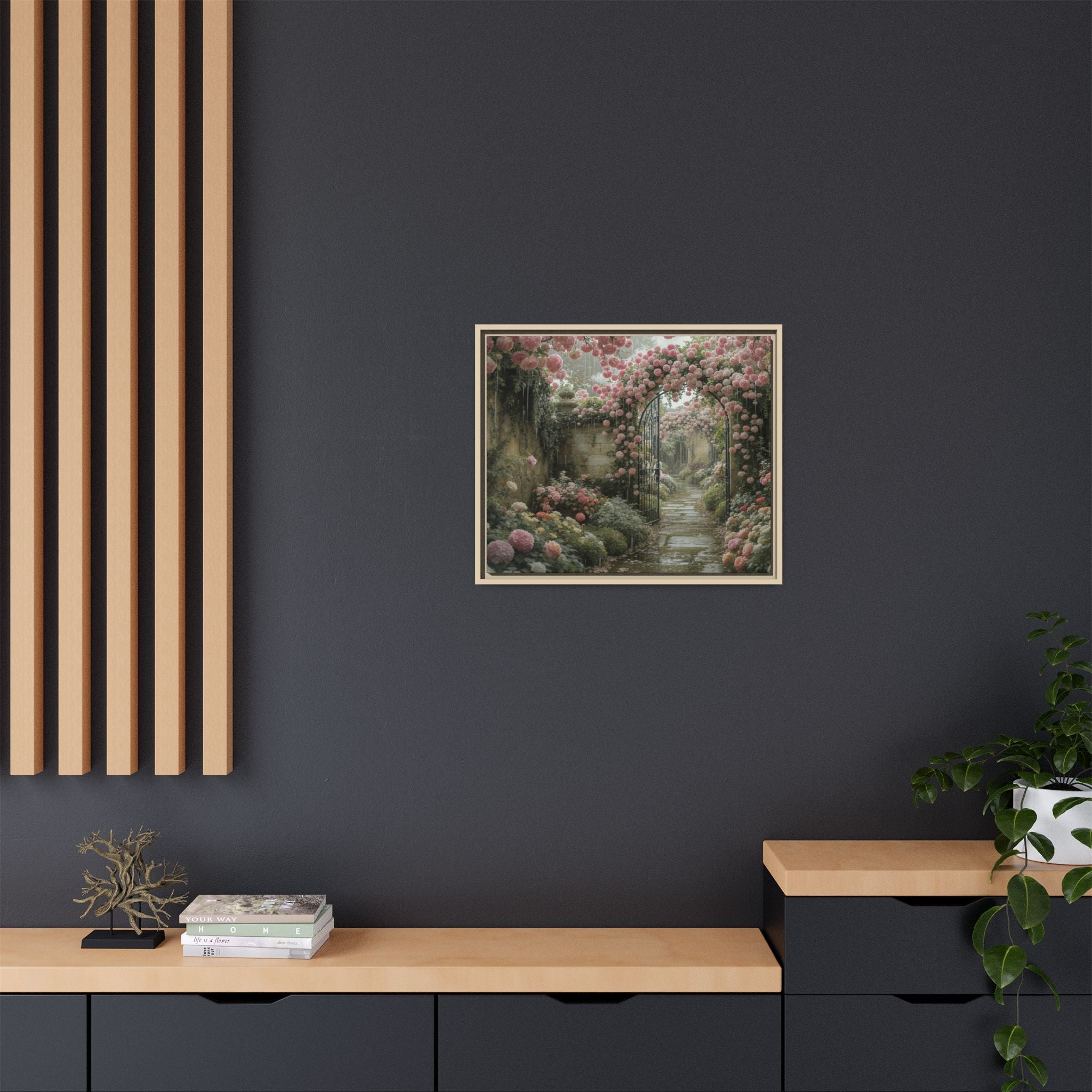 Framed Canvas Print – Secret Garden Archway Floral Landscape