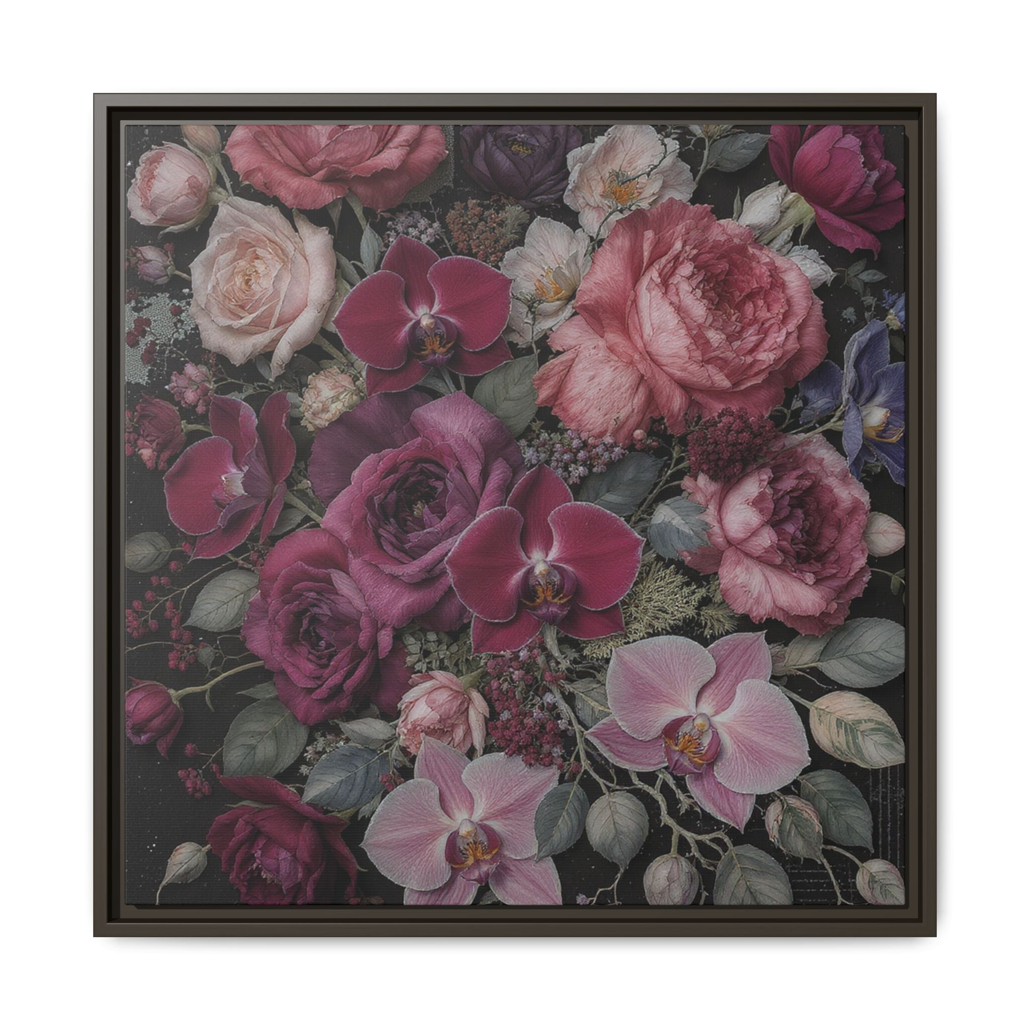 Framed Floral Canvas Print — Dark Romantic Bouquet Wall Art