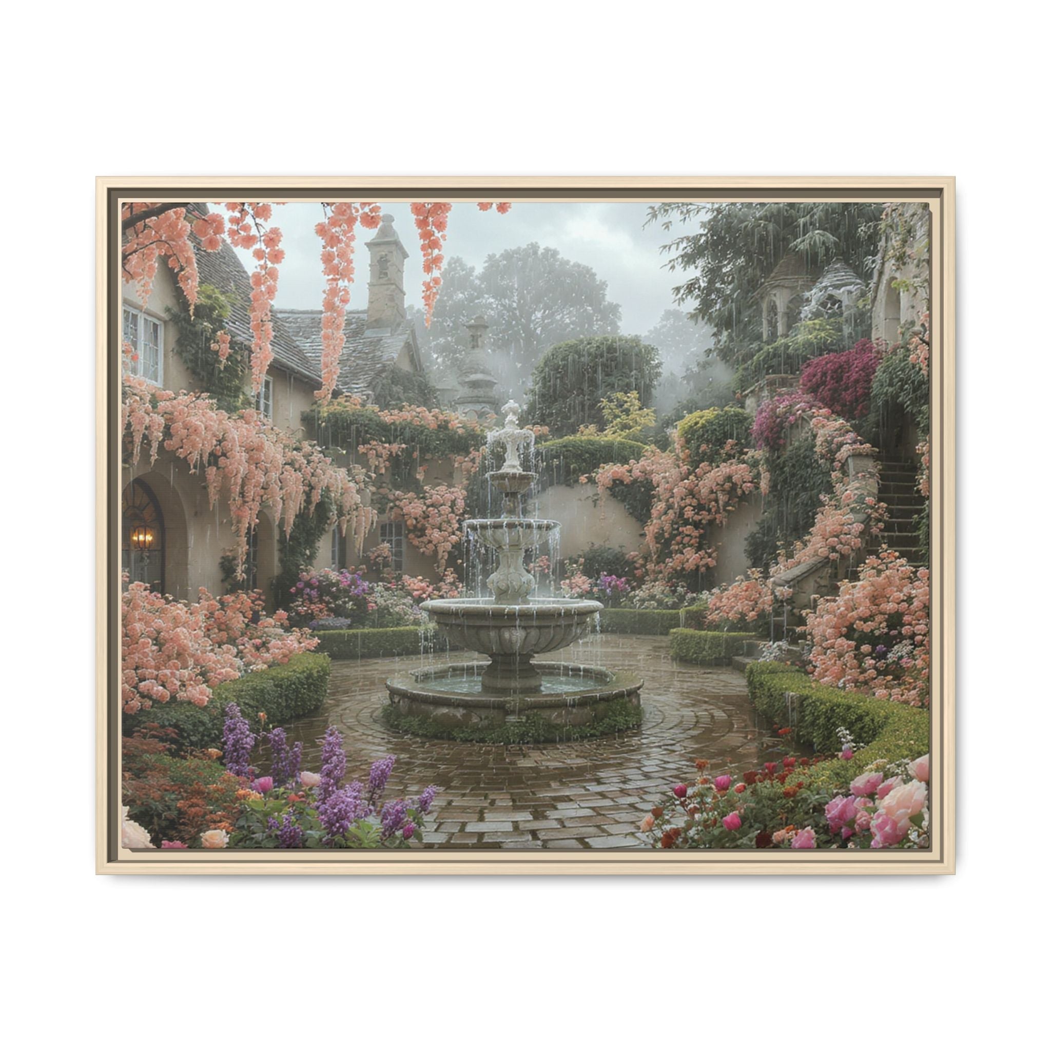 Mediterranean Garden Fountain Canvas — Framed Matte Wall Art