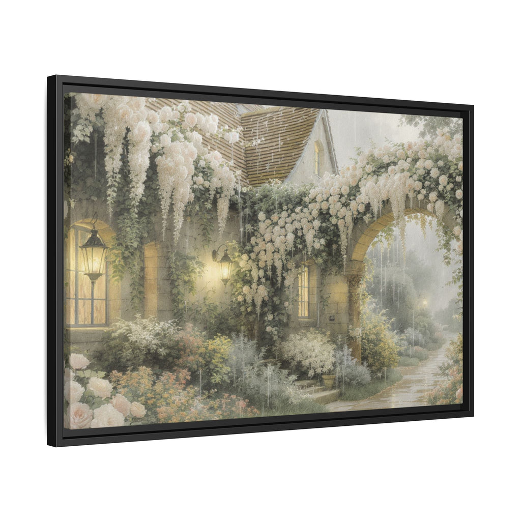 Framed Matte Canvas Print – Cottage Garden Pathway in Soft Floral Hues
