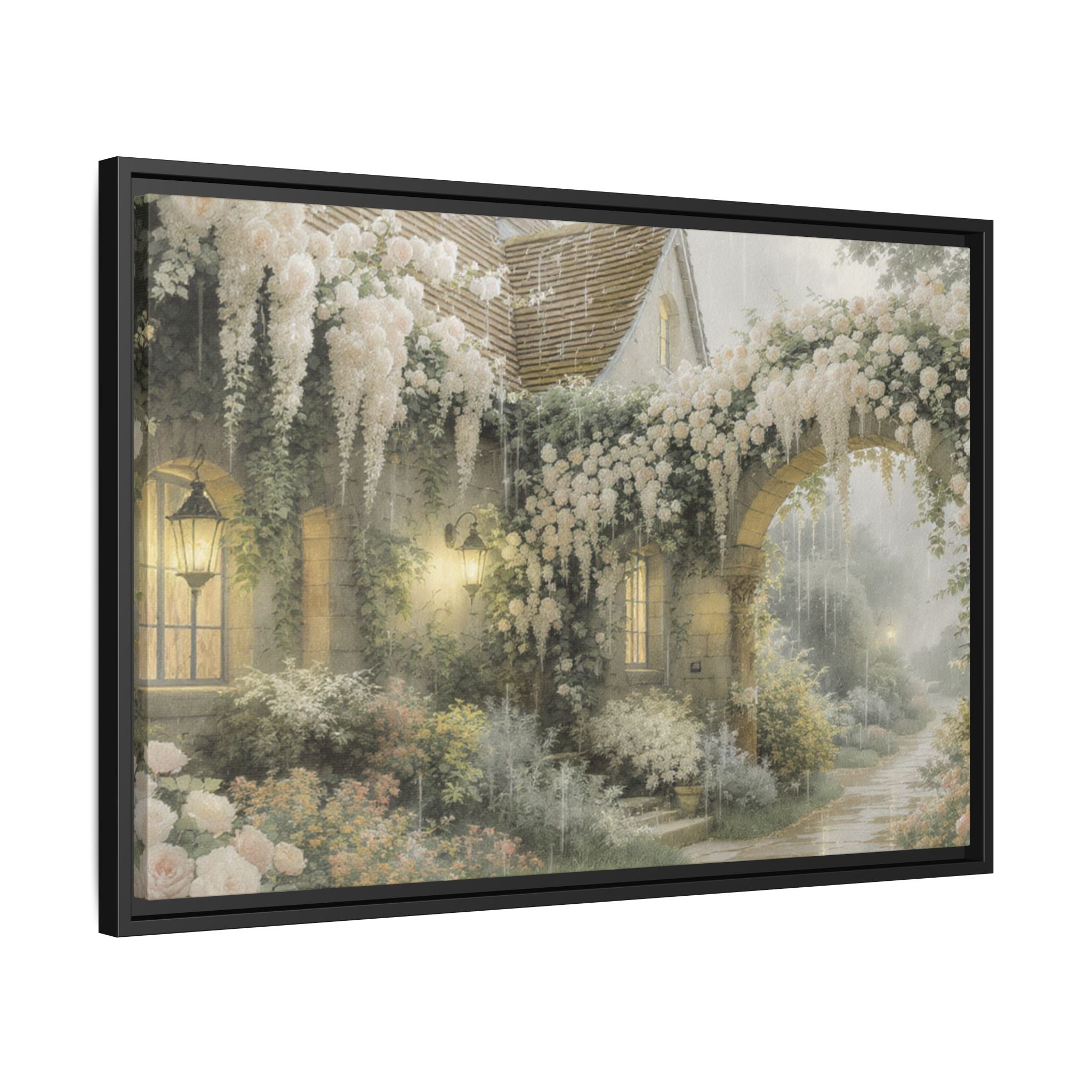 Framed Matte Canvas Print – Cottage Garden Pathway in Soft Floral Hues