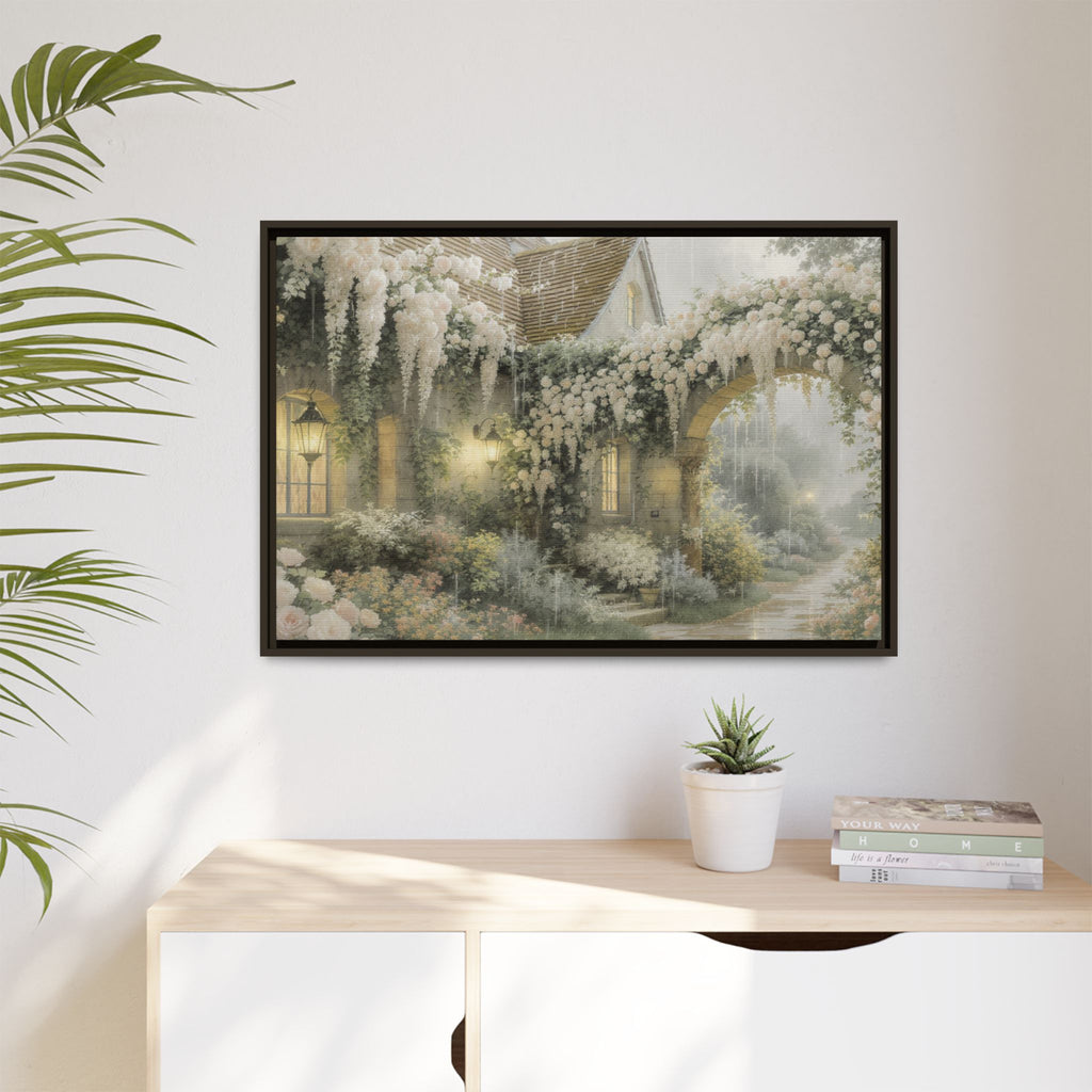 Framed Matte Canvas Print – Cottage Garden Pathway in Soft Floral Hues