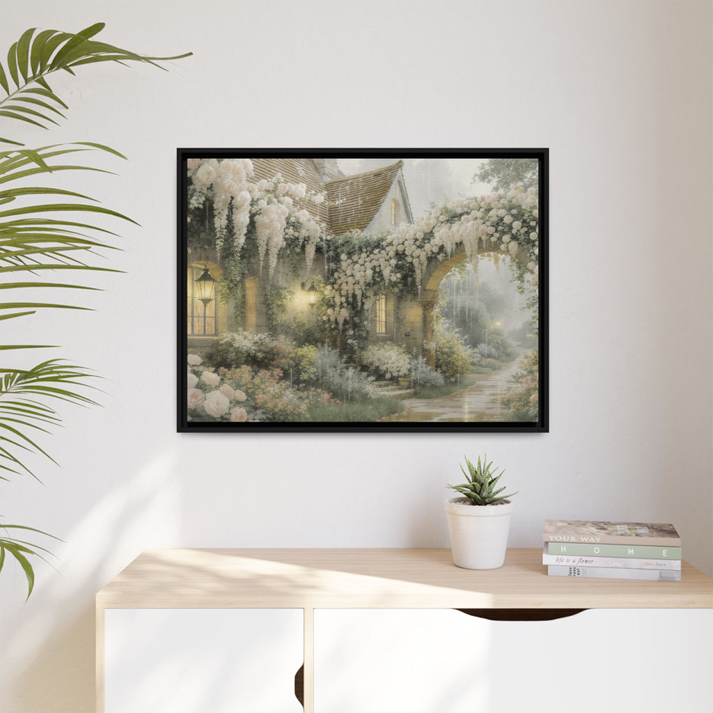 Framed Matte Canvas Print – Cottage Garden Pathway in Soft Floral Hues