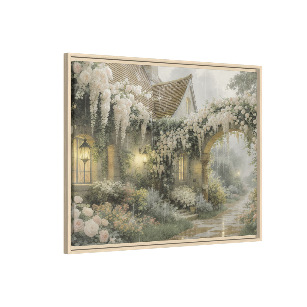 Framed Matte Canvas Print – Cottage Garden Pathway in Soft Floral Hues