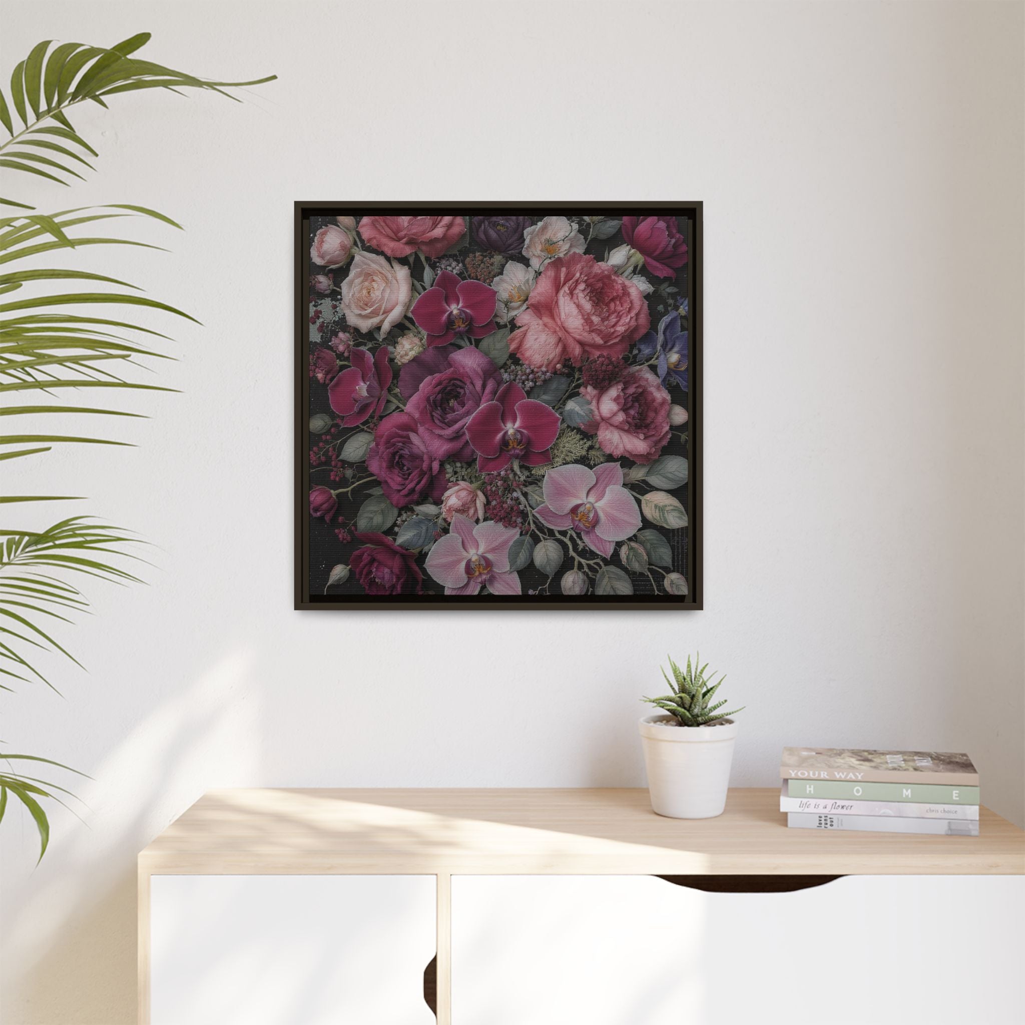 Framed Floral Canvas Print — Dark Romantic Bouquet Wall Art
