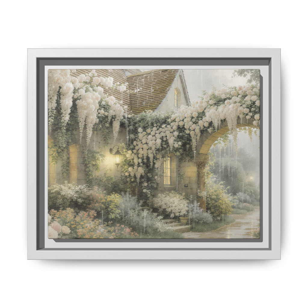Framed Matte Canvas Print – Cottage Garden Pathway in Soft Floral Hues