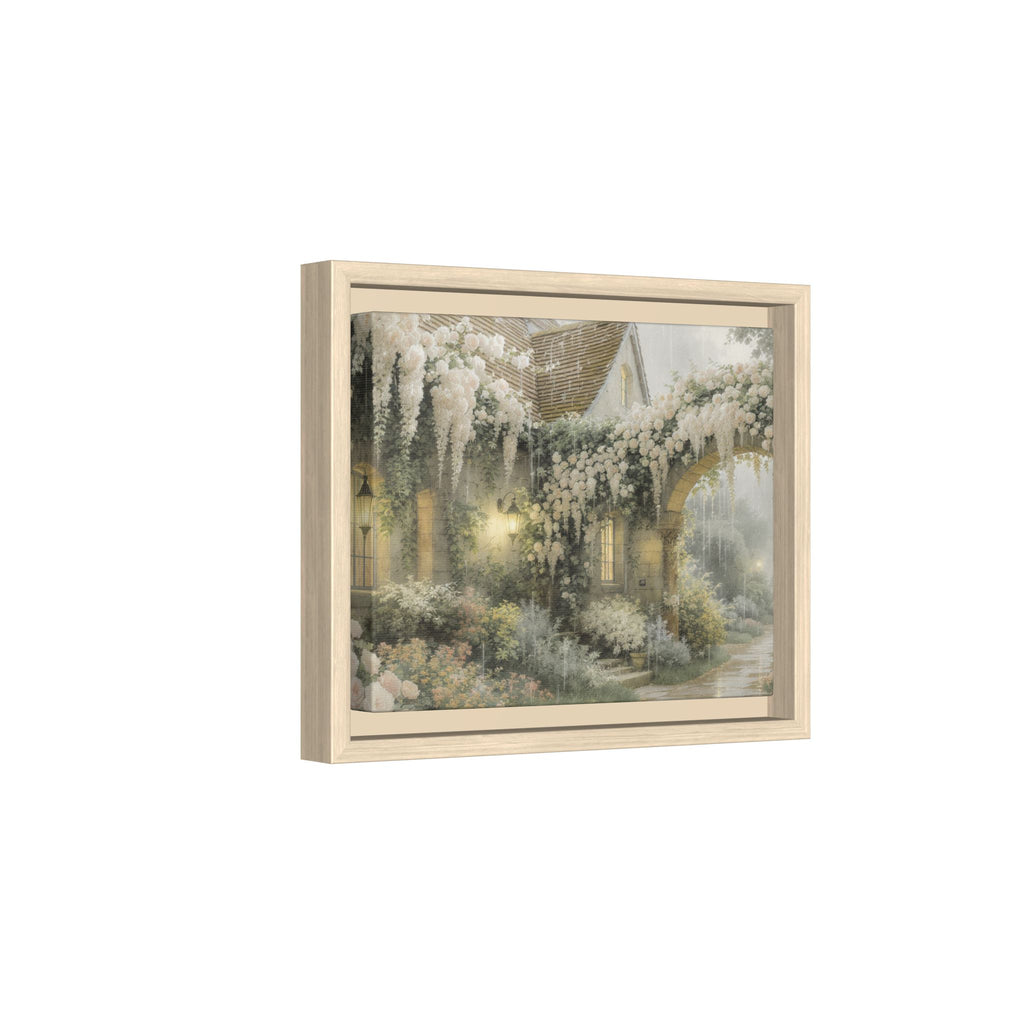 Framed Matte Canvas Print – Cottage Garden Pathway in Soft Floral Hues