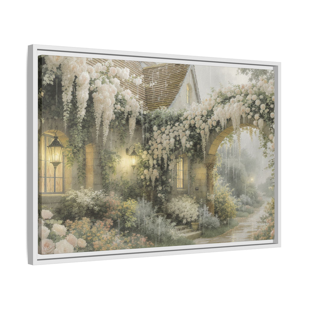 Framed Matte Canvas Print – Cottage Garden Pathway in Soft Floral Hues