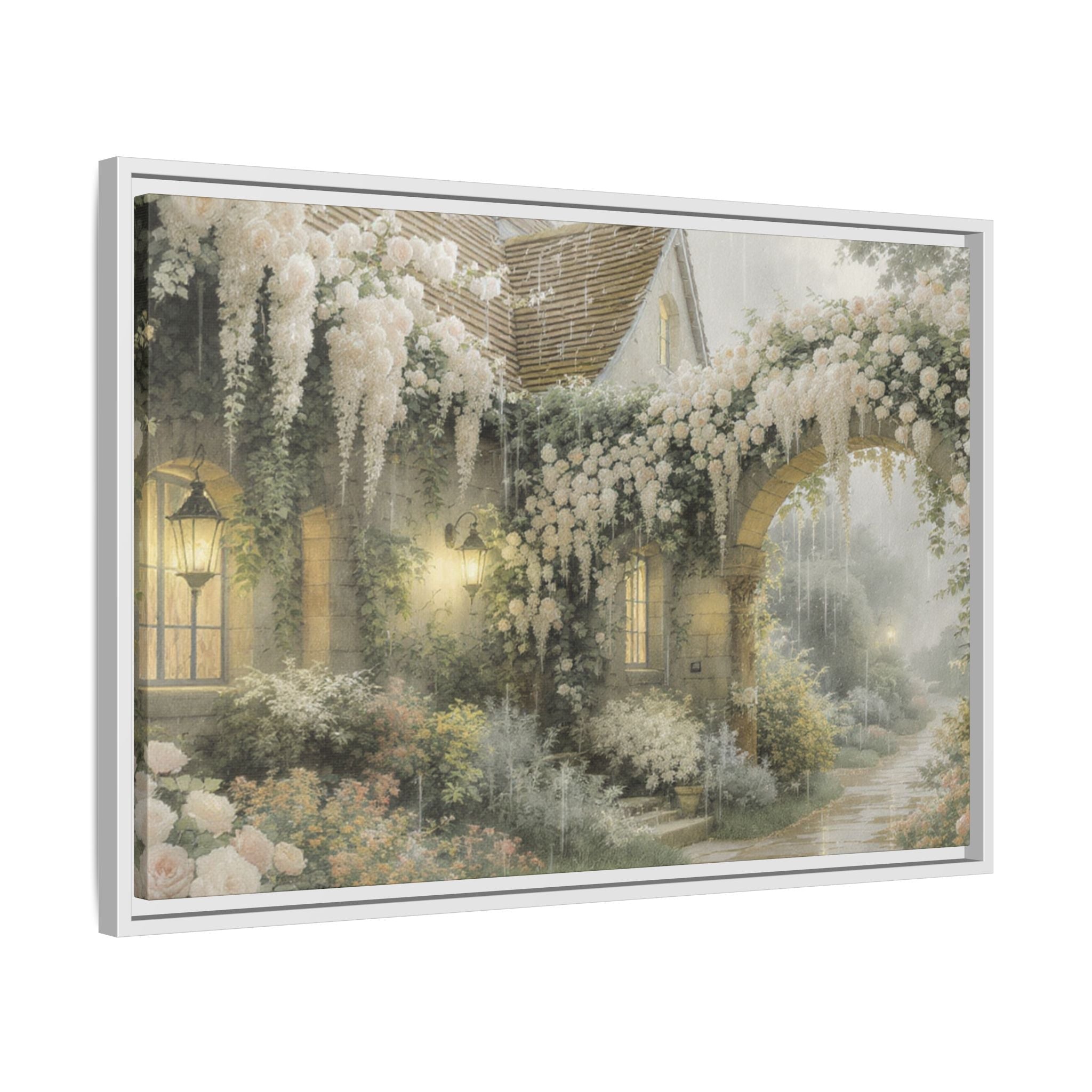 Framed Matte Canvas Print – Cottage Garden Pathway in Soft Floral Hues