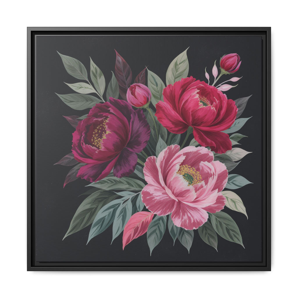 Framed Floral Canvas Print — Pink & Burgundy Peonies on Black