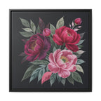 Framed Floral Canvas Print — Pink & Burgundy Peonies on Black