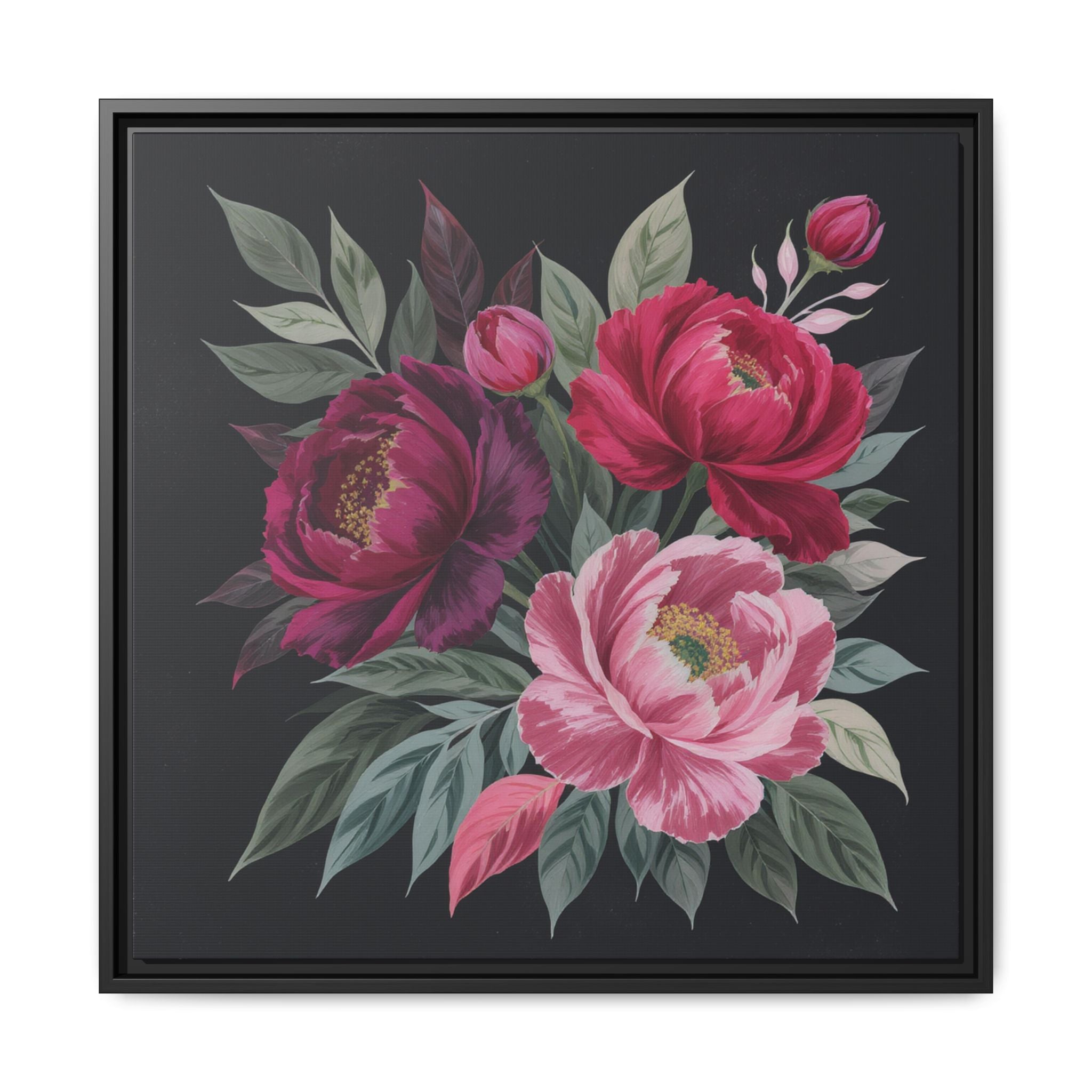 Framed Floral Canvas Print — Pink & Burgundy Peonies on Black
