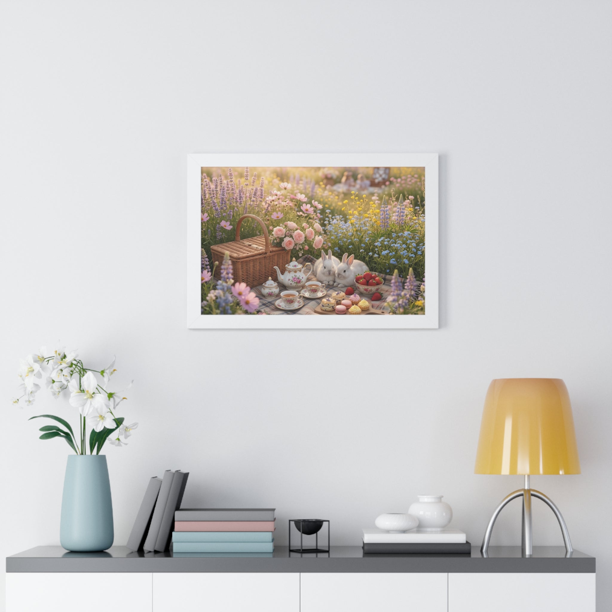 “Golden Meadow Picnic” Framed Poster: Pastel Meadow Picnic Wall Art | Soft Nature Bunny Aesthetic Print | Dreamy Cottagecore Deco