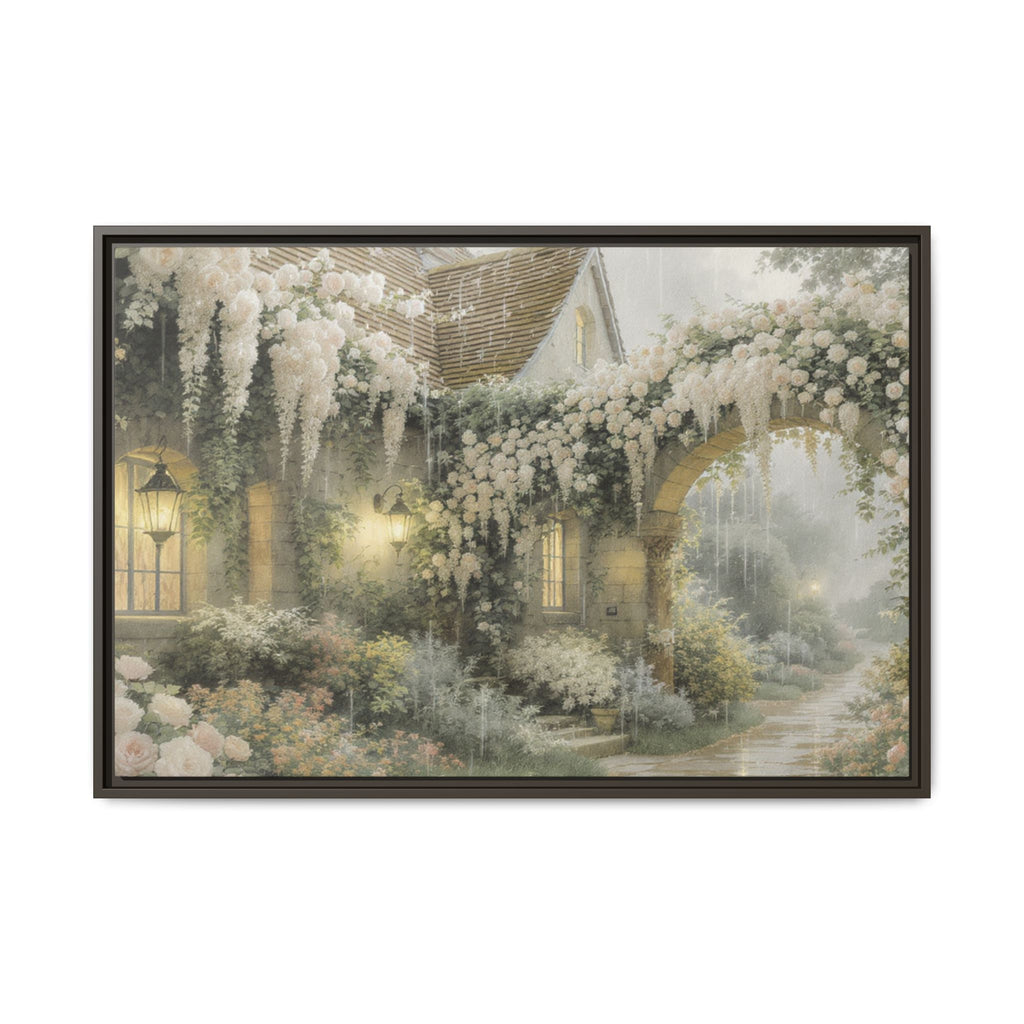 Framed Matte Canvas Print – Cottage Garden Pathway in Soft Floral Hues