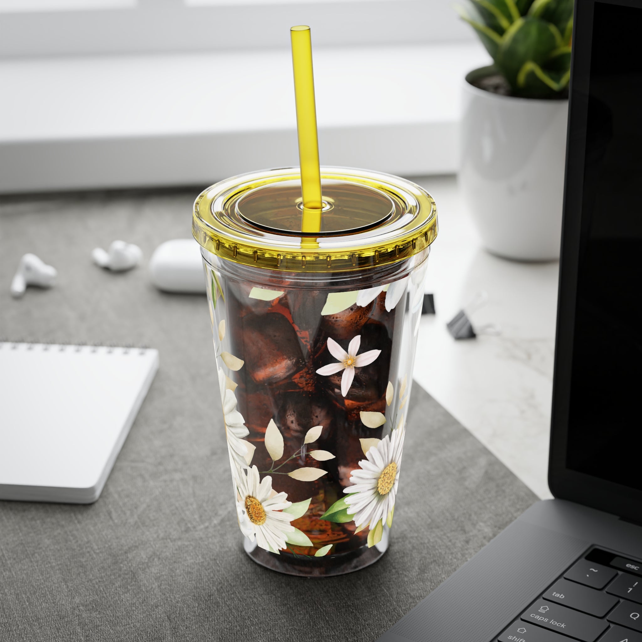 Daisy Floral 16oz Tumbler with Straw — Clear Sunlit Daisy Print