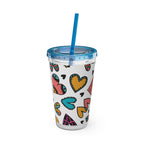 16oz Heart Pattern Tumbler with Straw — Colorful Doodle Hearts Travel Cup