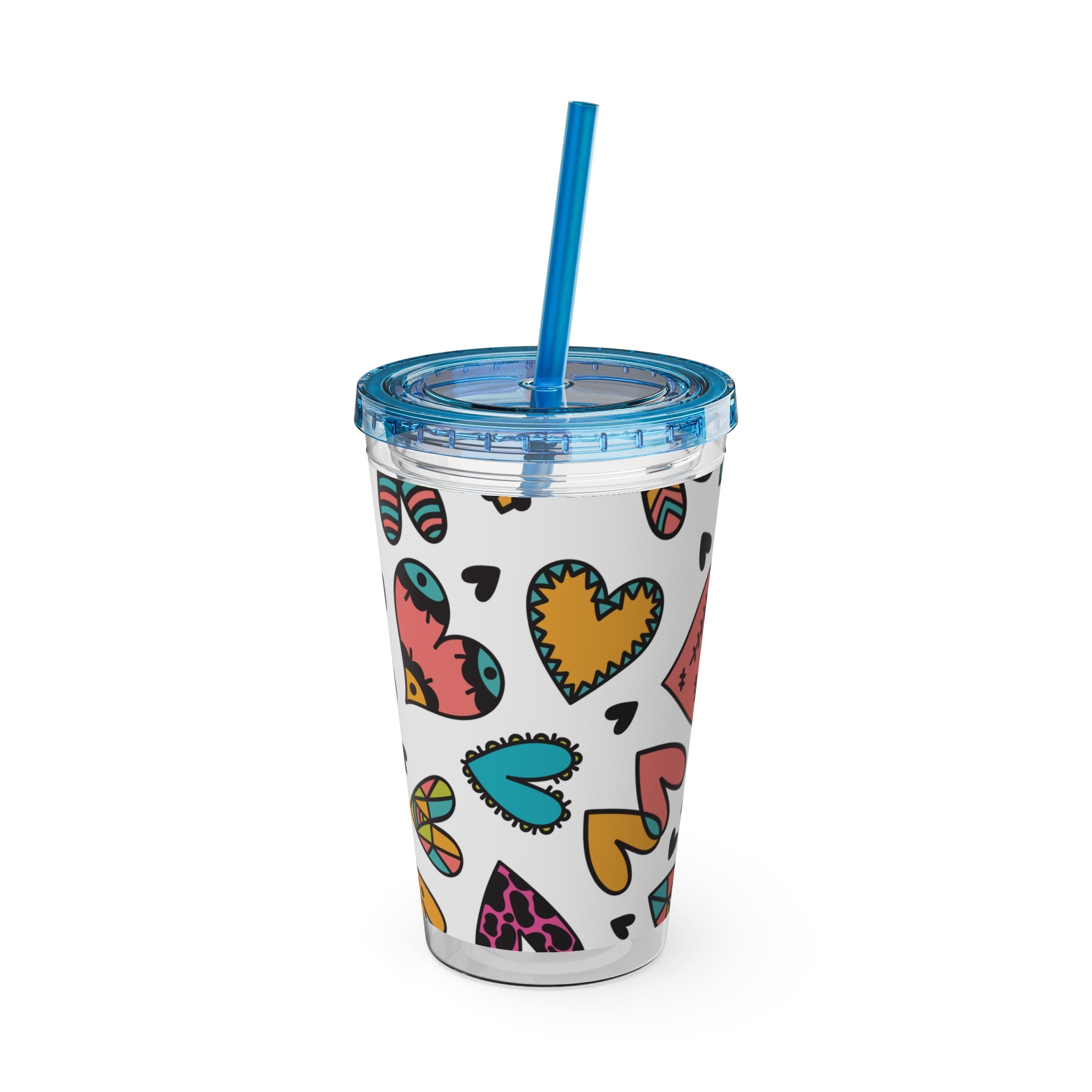 16oz Heart Pattern Tumbler with Straw — Colorful Doodle Hearts Travel Cup