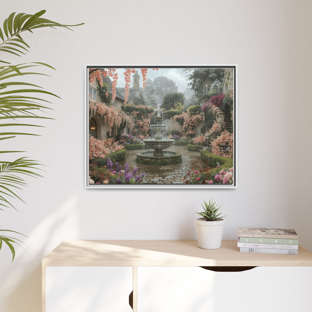 Mediterranean Garden Fountain Canvas — Framed Matte Wall Art