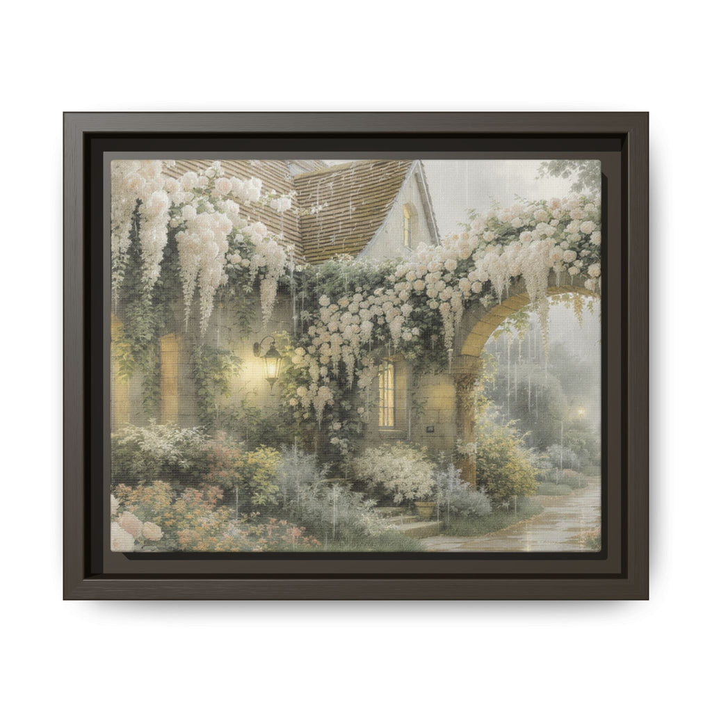 Framed Matte Canvas Print – Cottage Garden Pathway in Soft Floral Hues