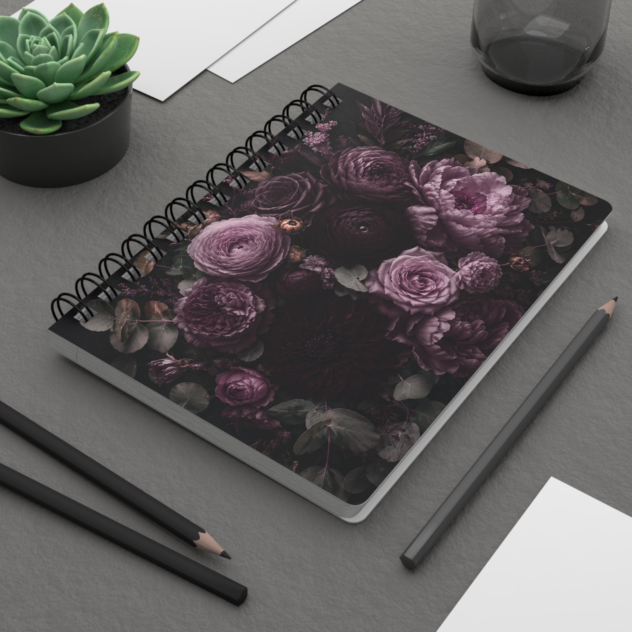 Purple Floral Spiral Journal — Dark Vintage Roses Notebook for Notes & Journaling