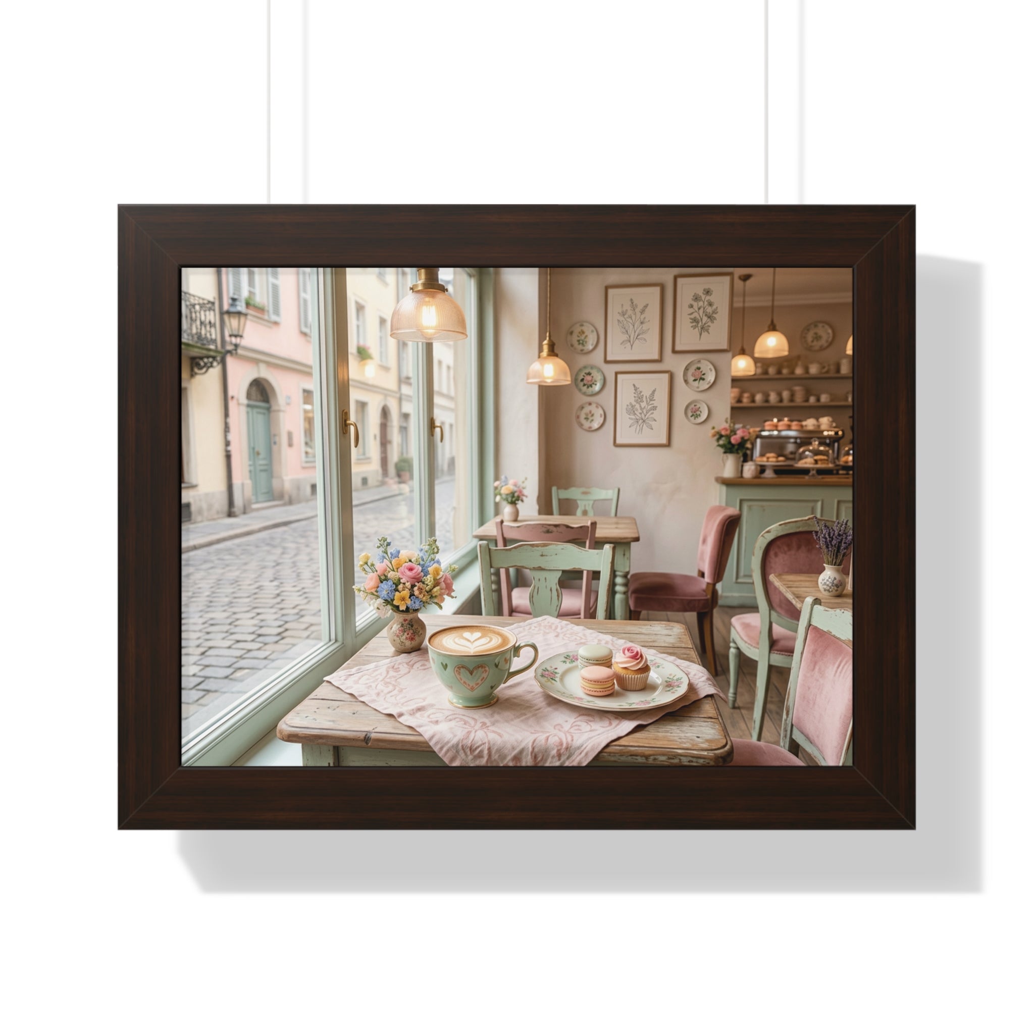 “Afternoon Café Stillness” Framed Poster: Cozy Pastel Café Wall Art | Hygge Coffee Shop Interior Print | Soft Luxury Home Decor