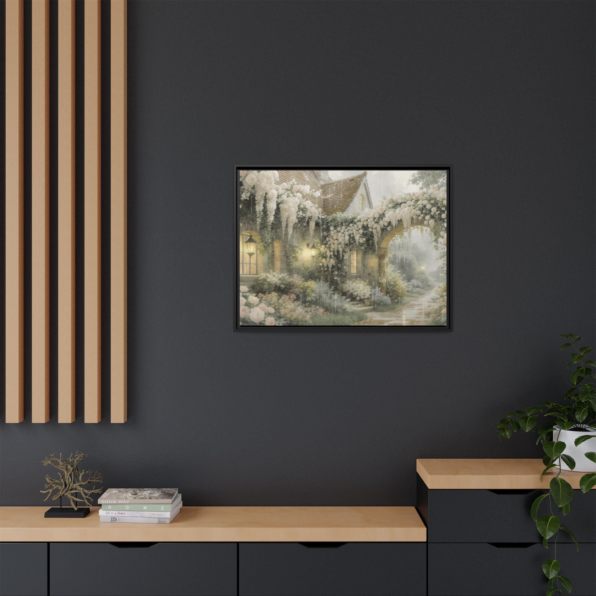 Framed Matte Canvas Print – Cottage Garden Pathway in Soft Floral Hues