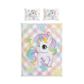 Unicorn Cotton Bed Set — Pastel Plaid Kids Duvet with Cute Rainbow Unicorn