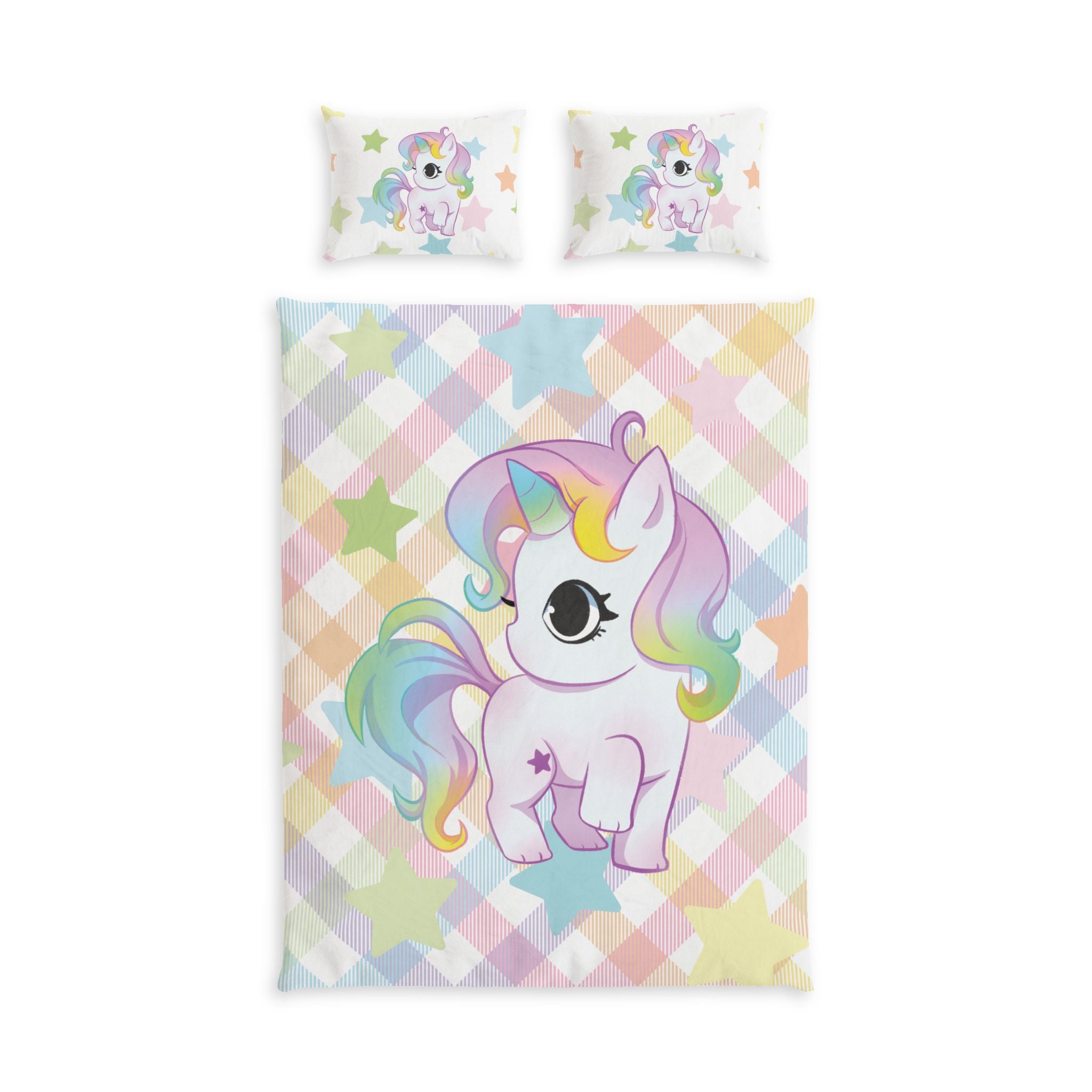 Unicorn Cotton Bed Set — Pastel Plaid Kids Duvet with Cute Rainbow Unicorn