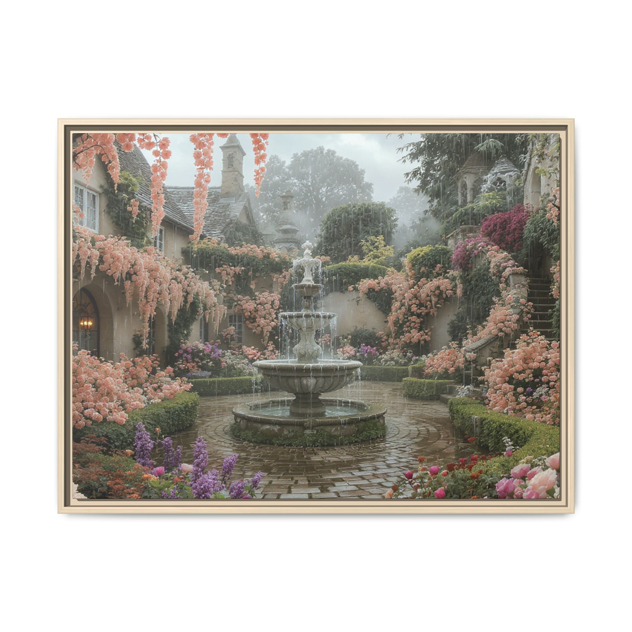Mediterranean Garden Fountain Canvas — Framed Matte Wall Art