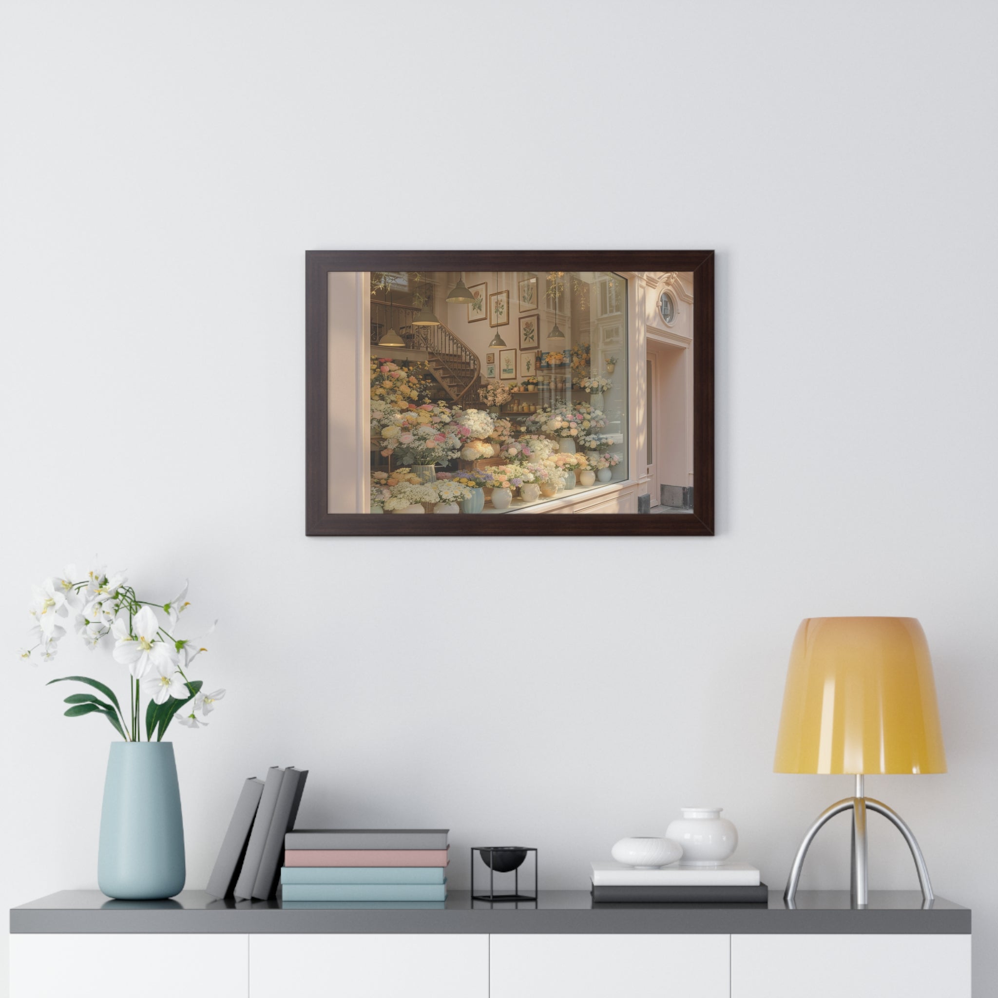 “Golden Hour Flower Boutique” Framed Poster: Pastel Flower Shop Wall Art | Soft Boutique Street Photography Print | Cozy European Aesthetic Decor