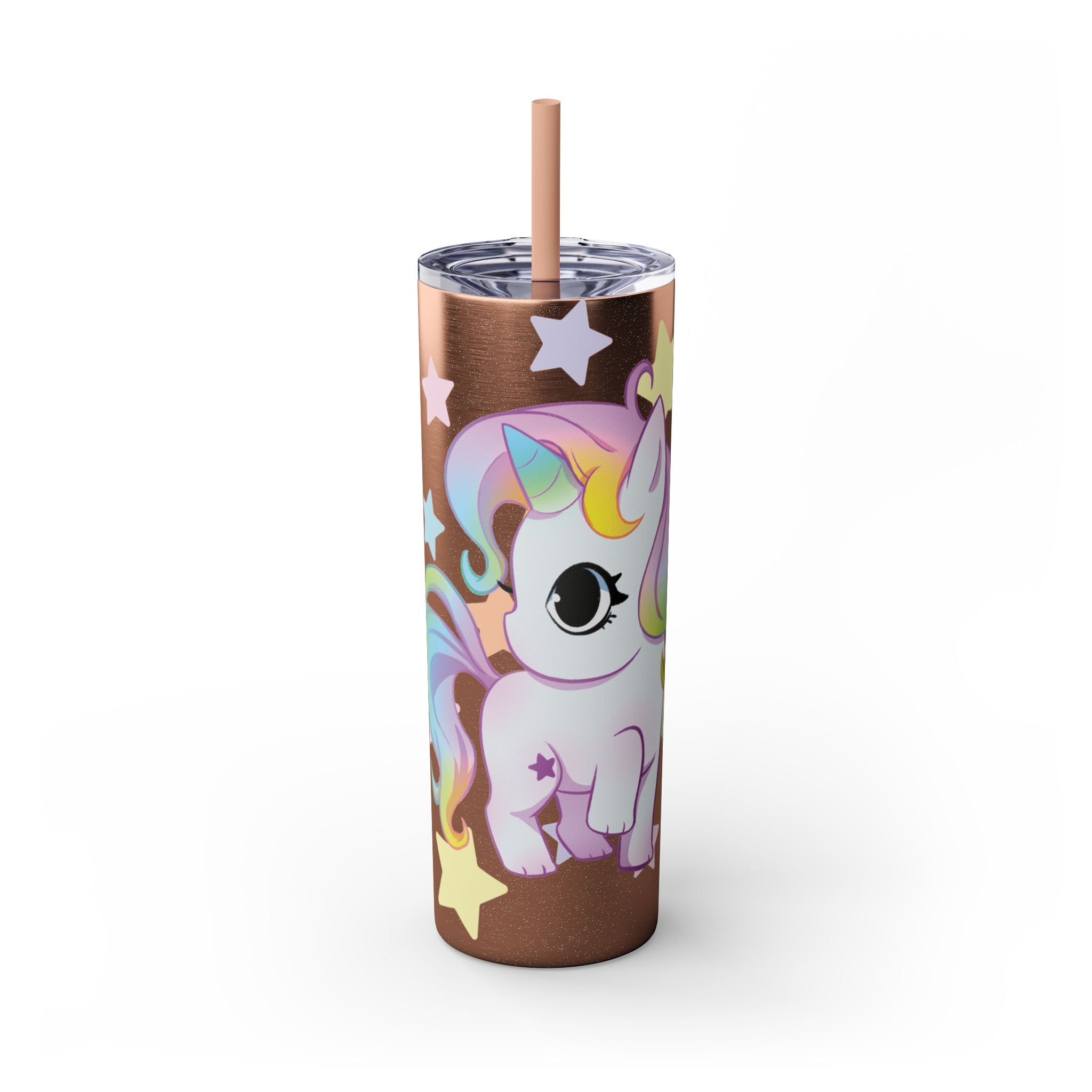Unicorn Skinny Tumbler 20oz — Cute Pastel Rainbow Unicorn with Straw