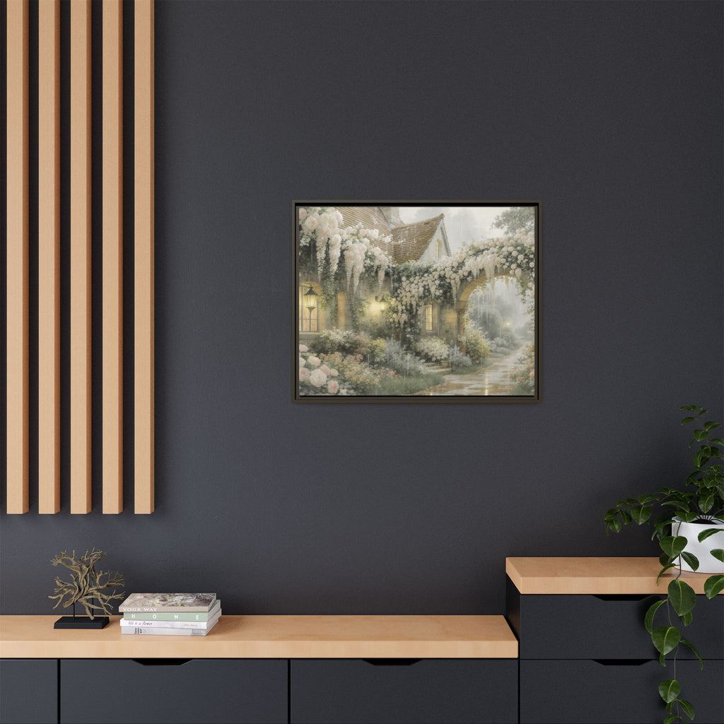 Framed Matte Canvas Print – Cottage Garden Pathway in Soft Floral Hues