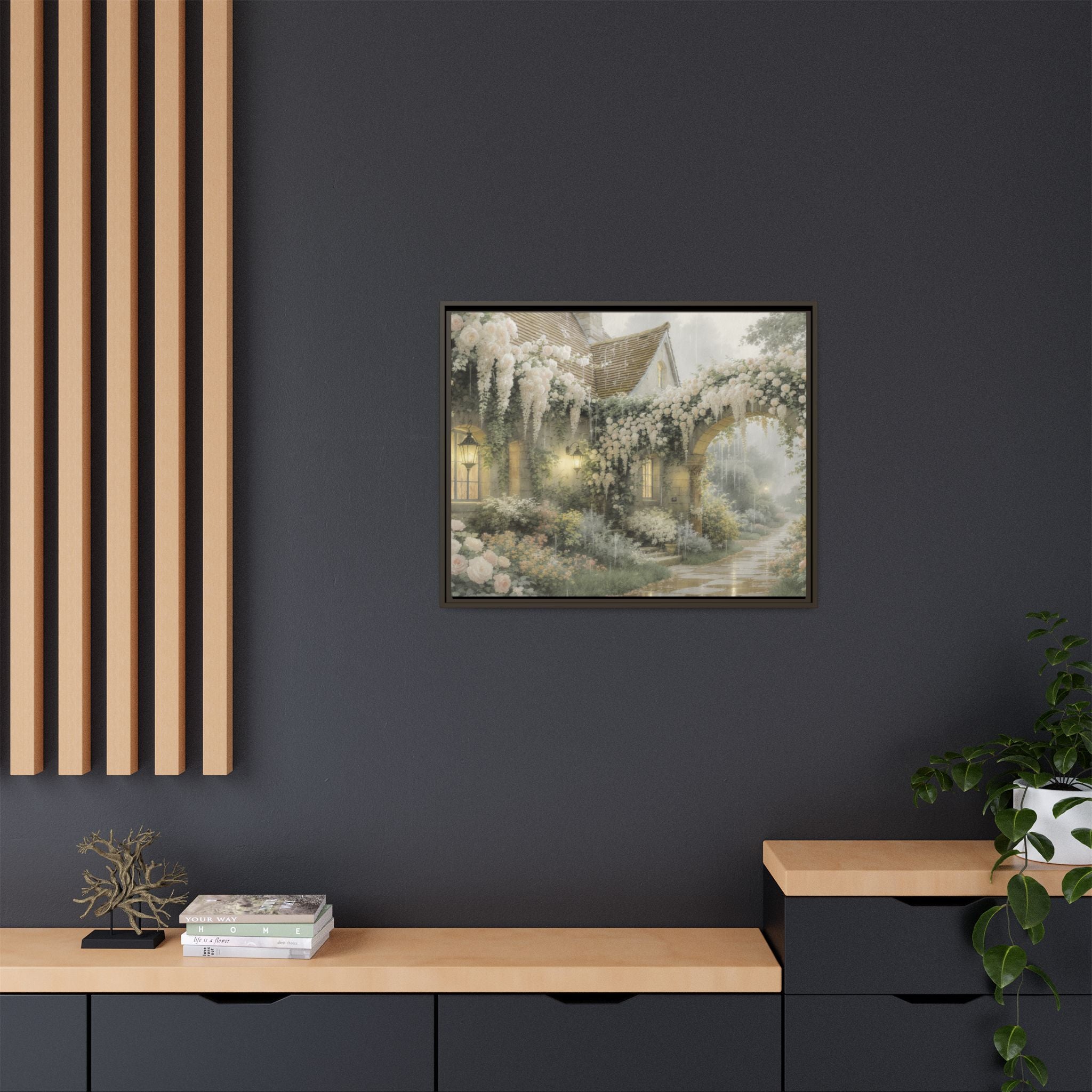 Framed Matte Canvas Print – Cottage Garden Pathway in Soft Floral Hues