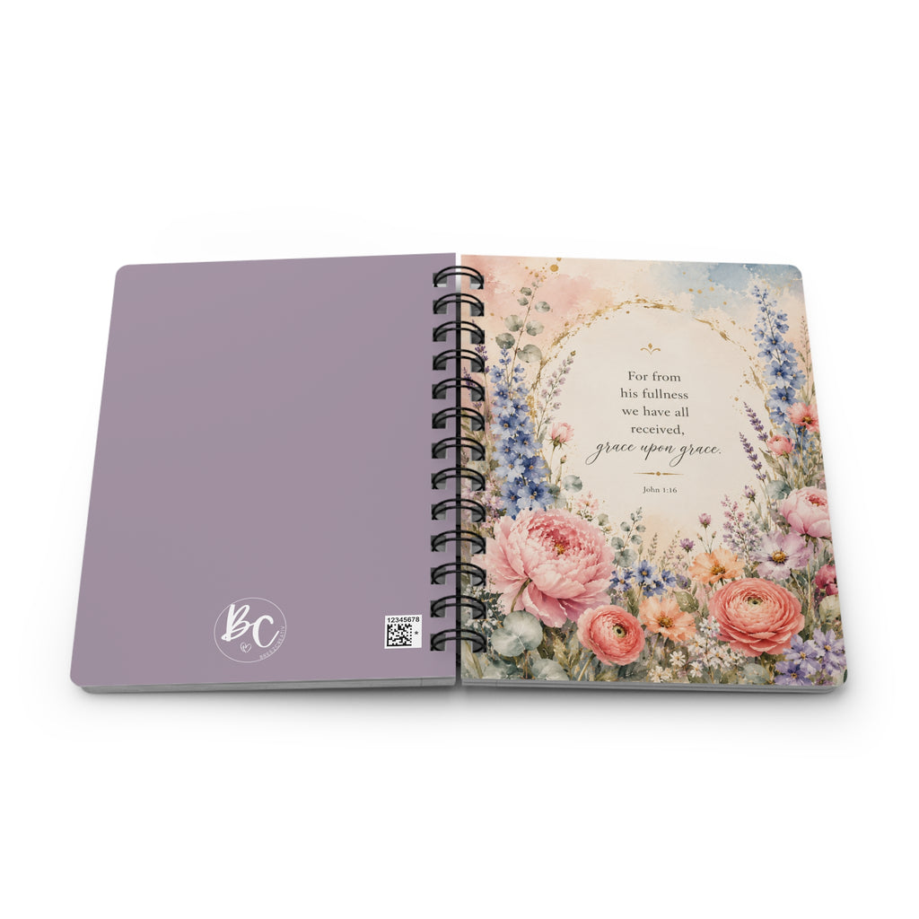 Floral Scripture Spiral Journal — "For from His fullness... grace upon grace"