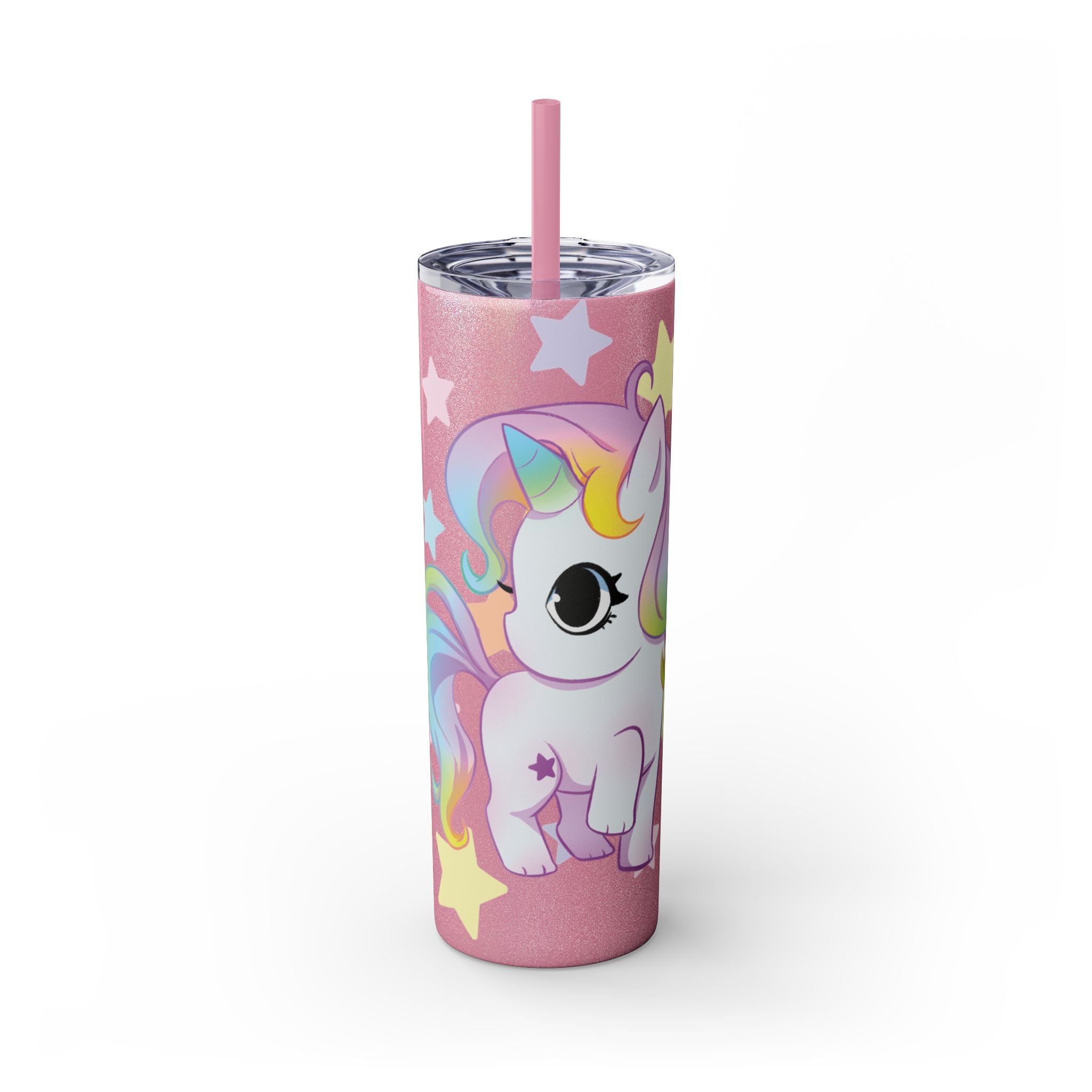 Unicorn Skinny Tumbler 20oz — Cute Pastel Rainbow Unicorn with Straw