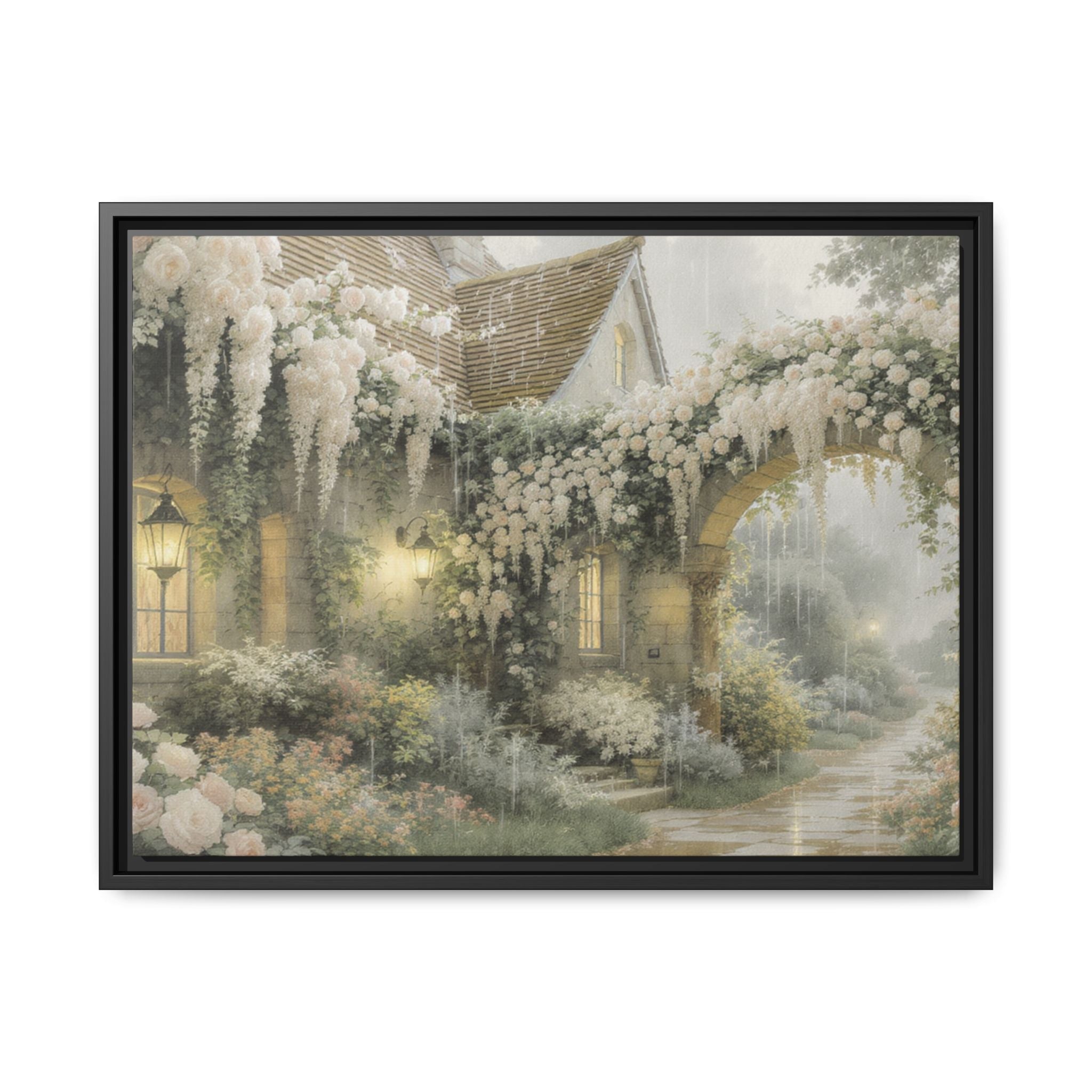 Framed Matte Canvas Print – Cottage Garden Pathway in Soft Floral Hues