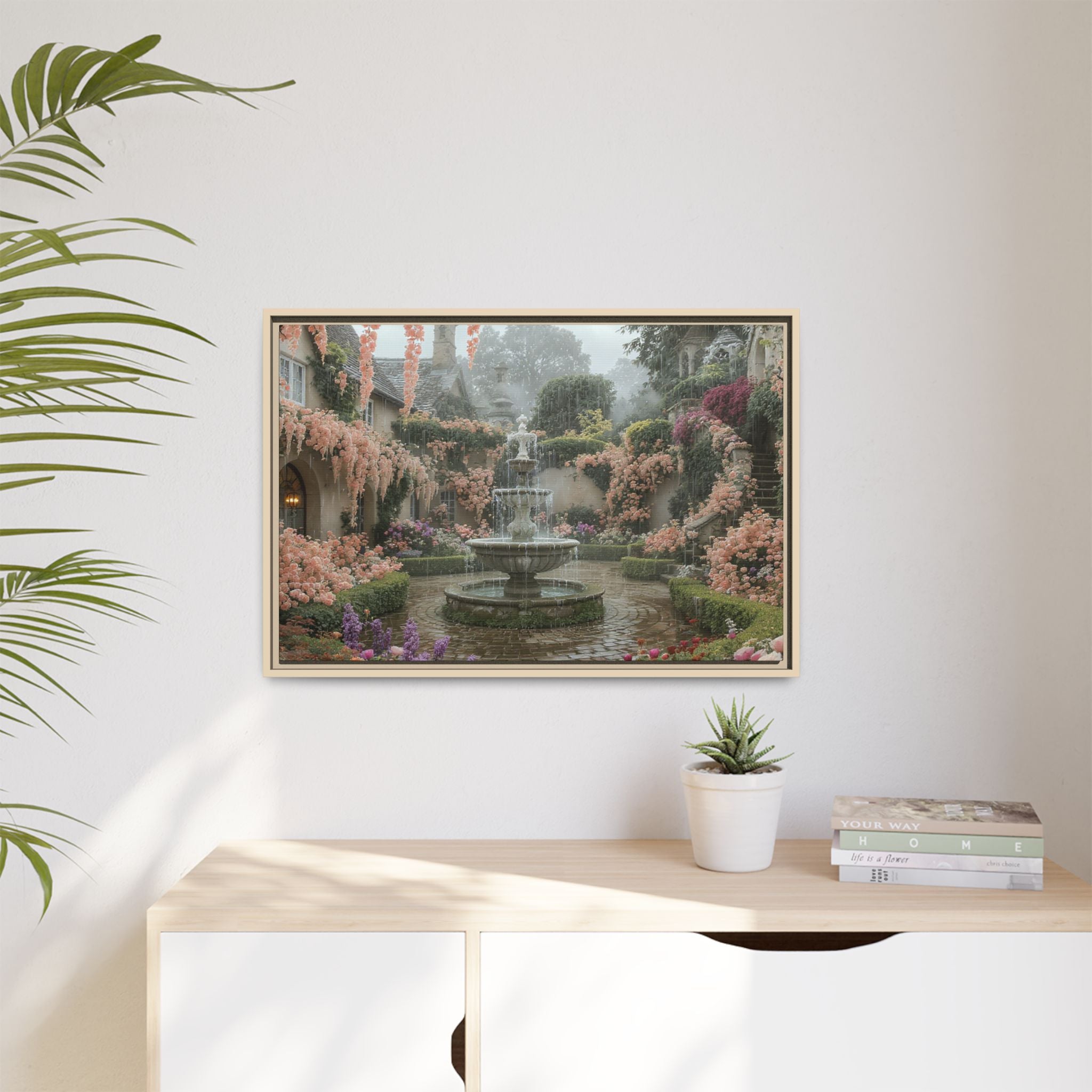 Mediterranean Garden Fountain Canvas — Framed Matte Wall Art