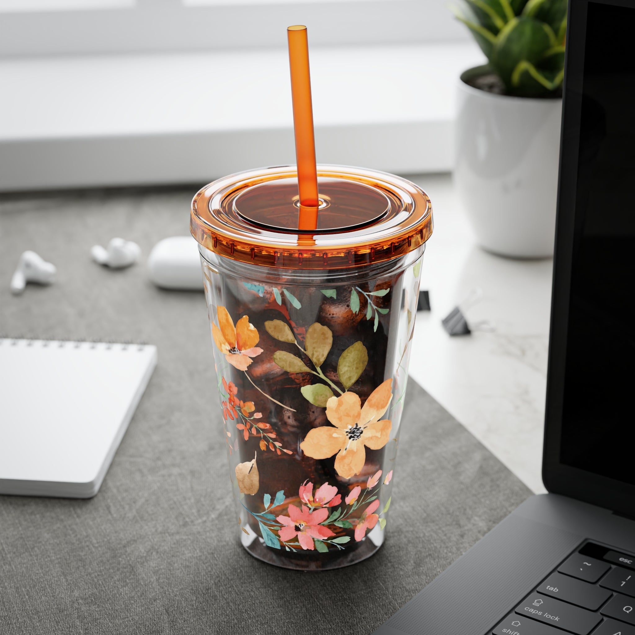 Floral Sunsplash 16oz Tumbler with Straw — Watercolor Wildflower Drink Cup